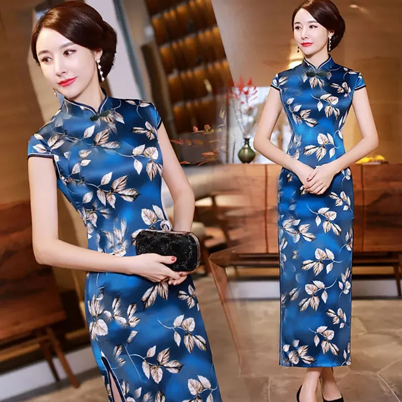 Summer Hot Sale Of The Season Long Elegant Ladylike Slit Qipao Dress Women's Mid-Aged Mommy Style Ethnic Fashion Long Qipao Dres