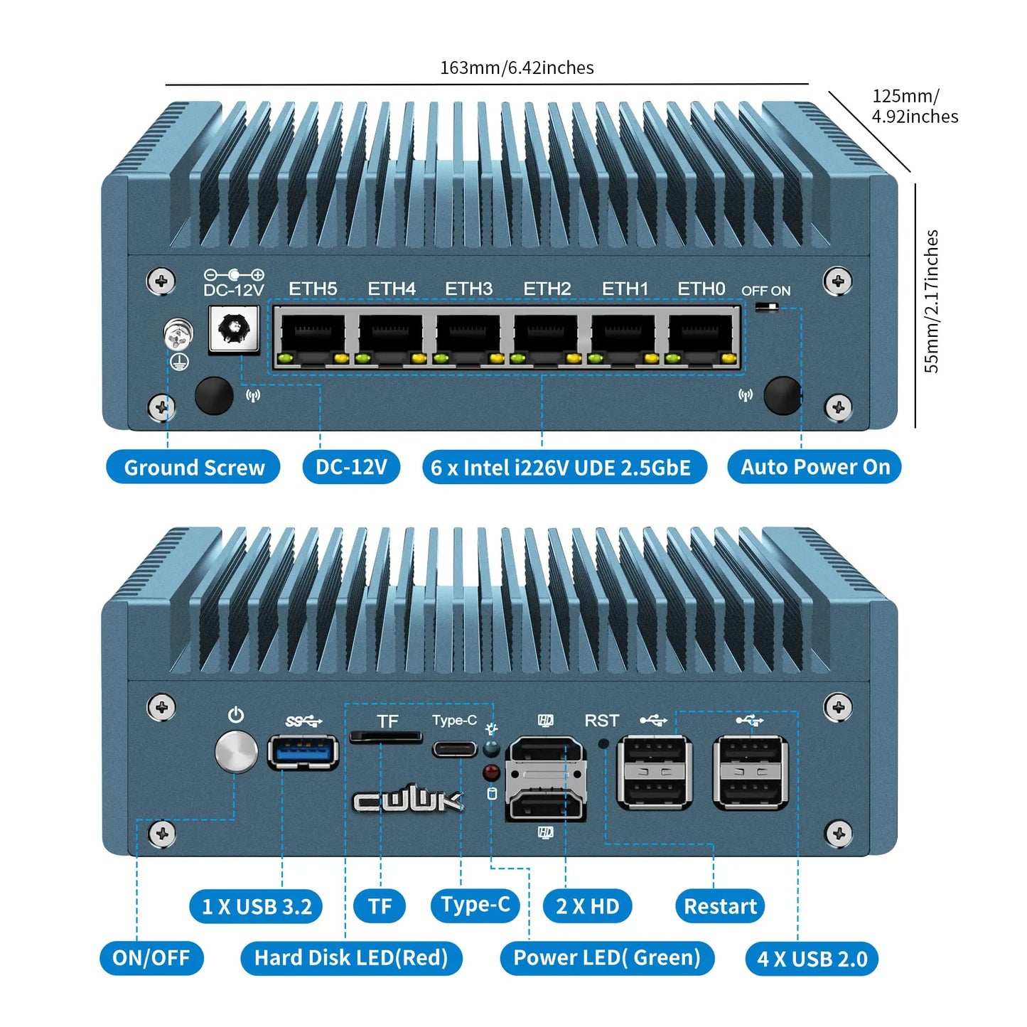 CWWK Mini PC N355 Firewall Appliance, Fanless Mini Computer with 6 Port 2.5GbE i226-V LAN, F5 OPNsense Micro PC DDR5 NO RAM/SSD