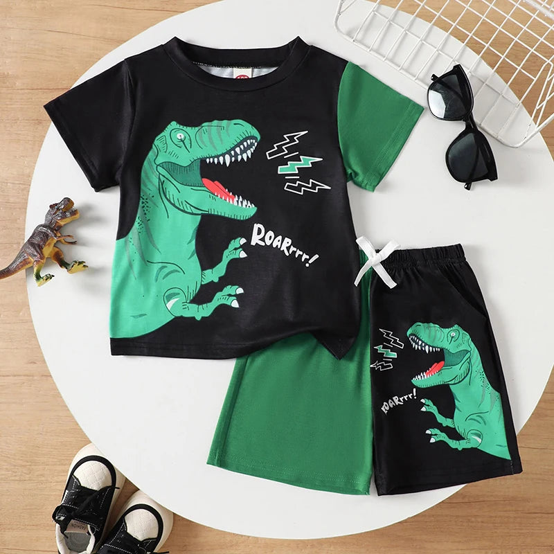 Toddler Boy Casual Summer Outfit Comfortable Fit Crown Dinosaur Graphic Tee with Matching Shorts 2 Piece Set