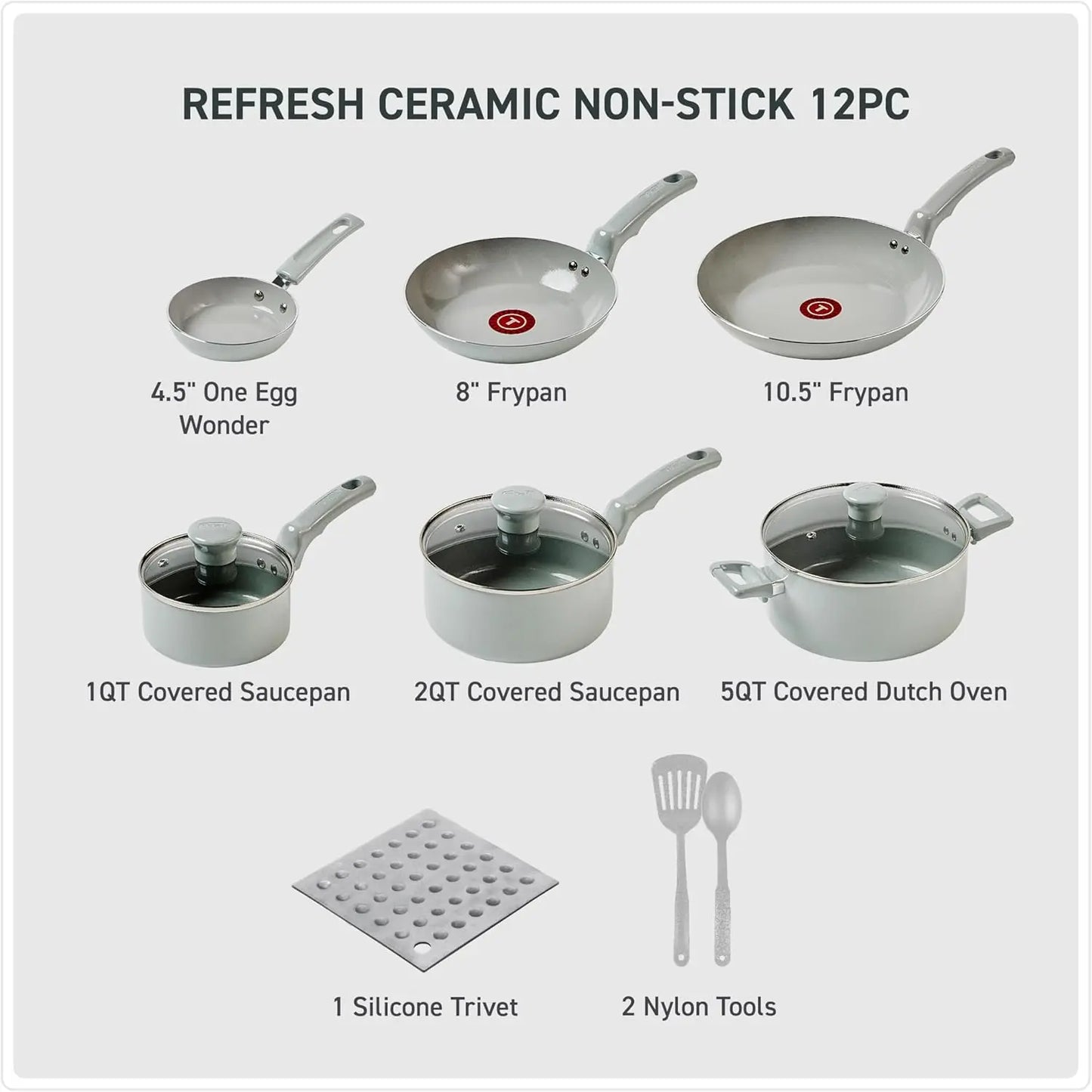 Refresh Ceramic Non-Stick Kitchen Cookware Set 12-Piece with Fry Pan & Saucepan Oven-Safe to 450°F