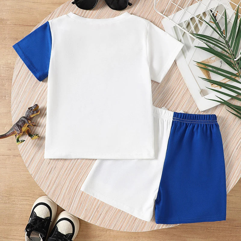 Toddler Boy Casual Summer Outfit Comfortable Fit Crown Dinosaur Graphic Tee with Matching Shorts 2 Piece Set