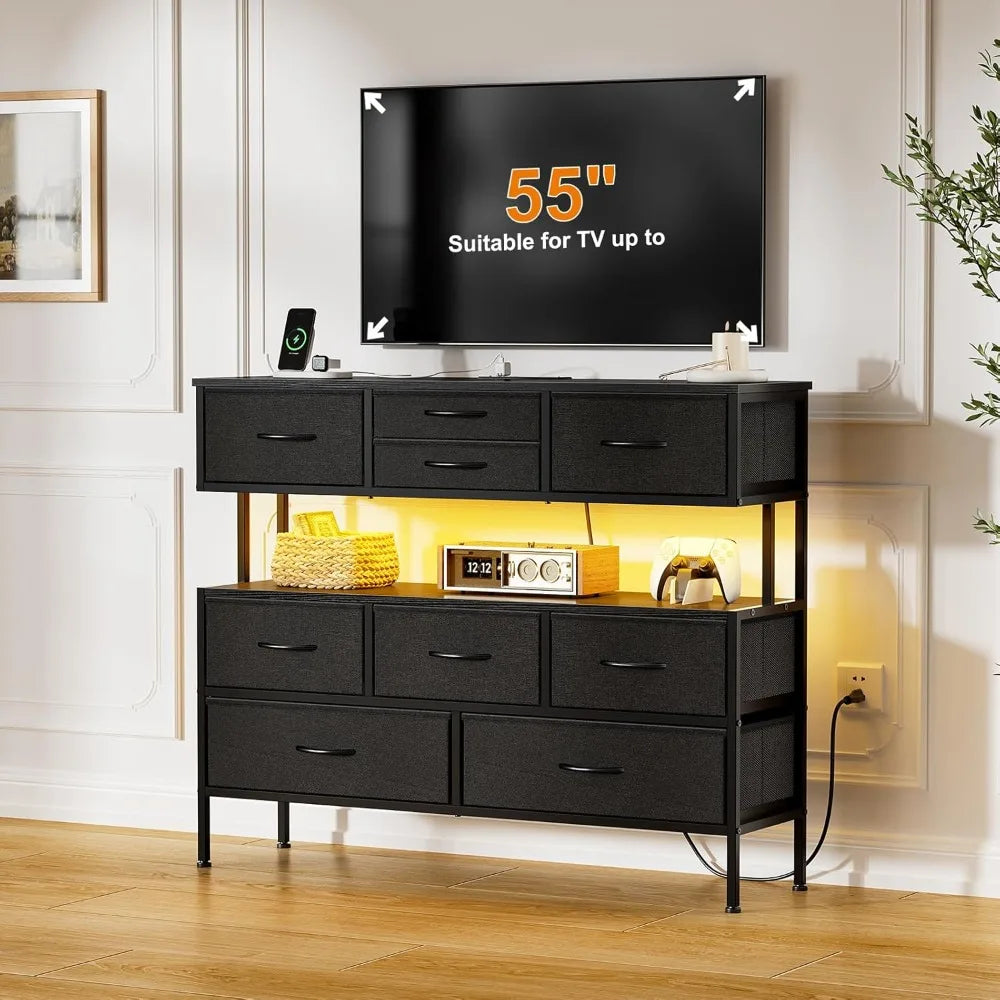 Dresser TV Stand with Charging Station and LED Lights, 55” TV Stand with 9 Drawers, Fabric Dresser for Bedroom, Steel Frame