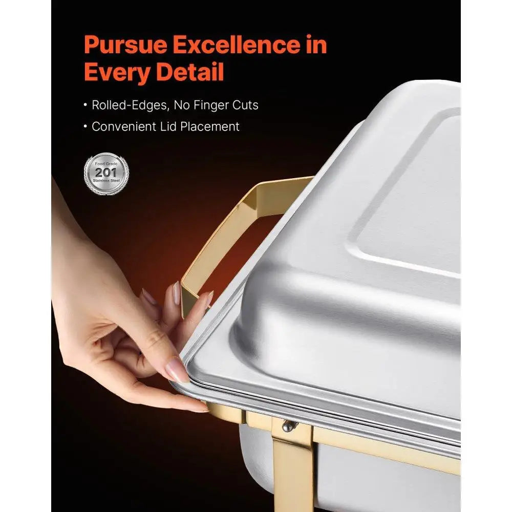 8 Piece Rectangle Chafing Dish Set Buffet Set with Full & Half Size Pans Durable Heat-Resistant Metal Construction Golden Design