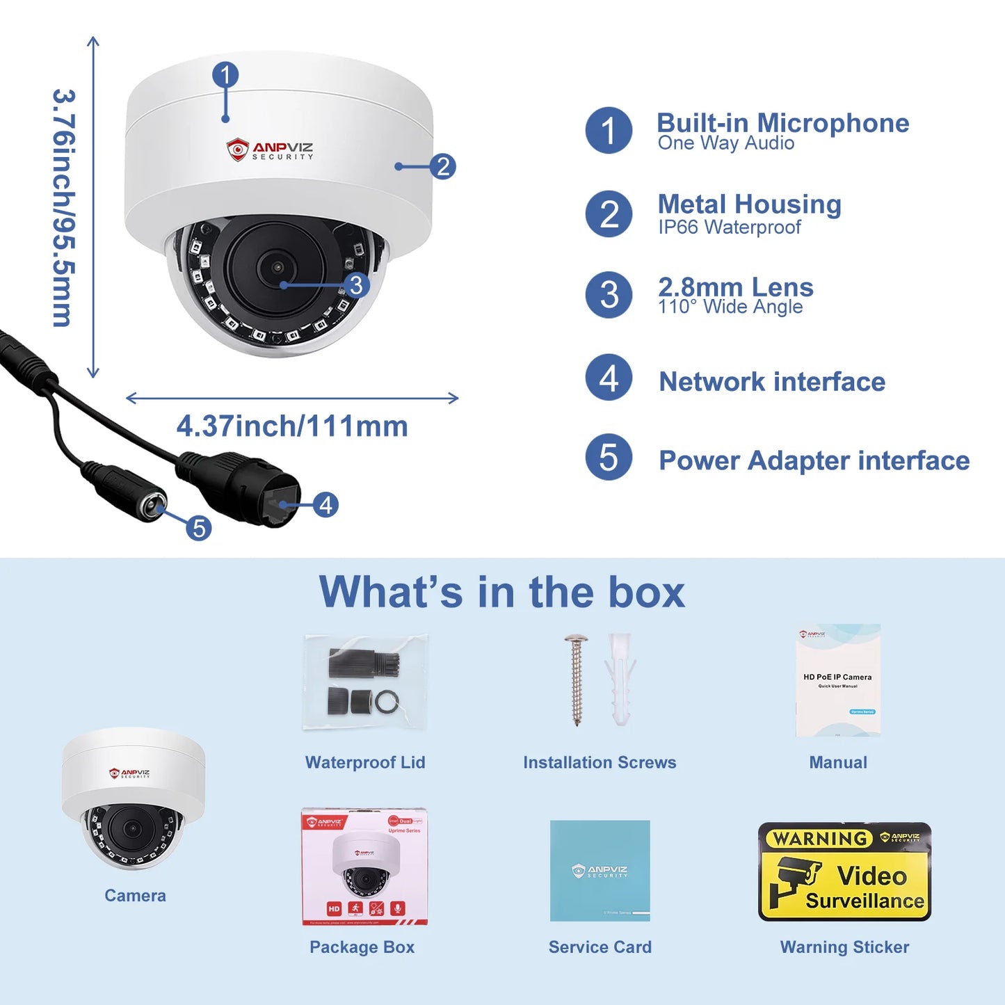 Anpviz 5MP POE IP Dome Camera Outdoor Security Protection Built-in Microphone IP66 IR 30m CCTV Video Camera H.265 VideoLink APP