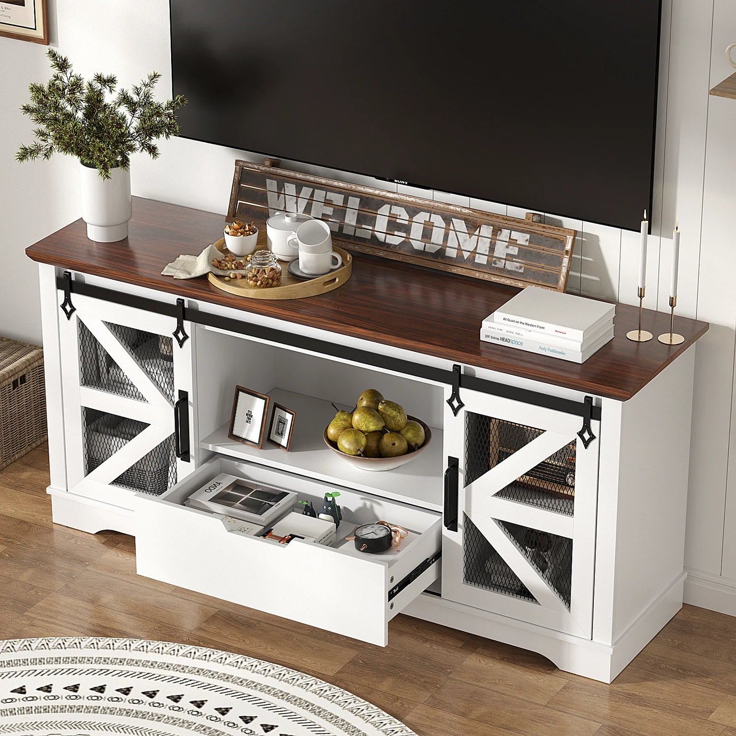 Modern TV Stand for TVs up to 60’’, Entertainment Center w/1 Drawer & 2 Storage Cabinets, Large Media Console Cabinet