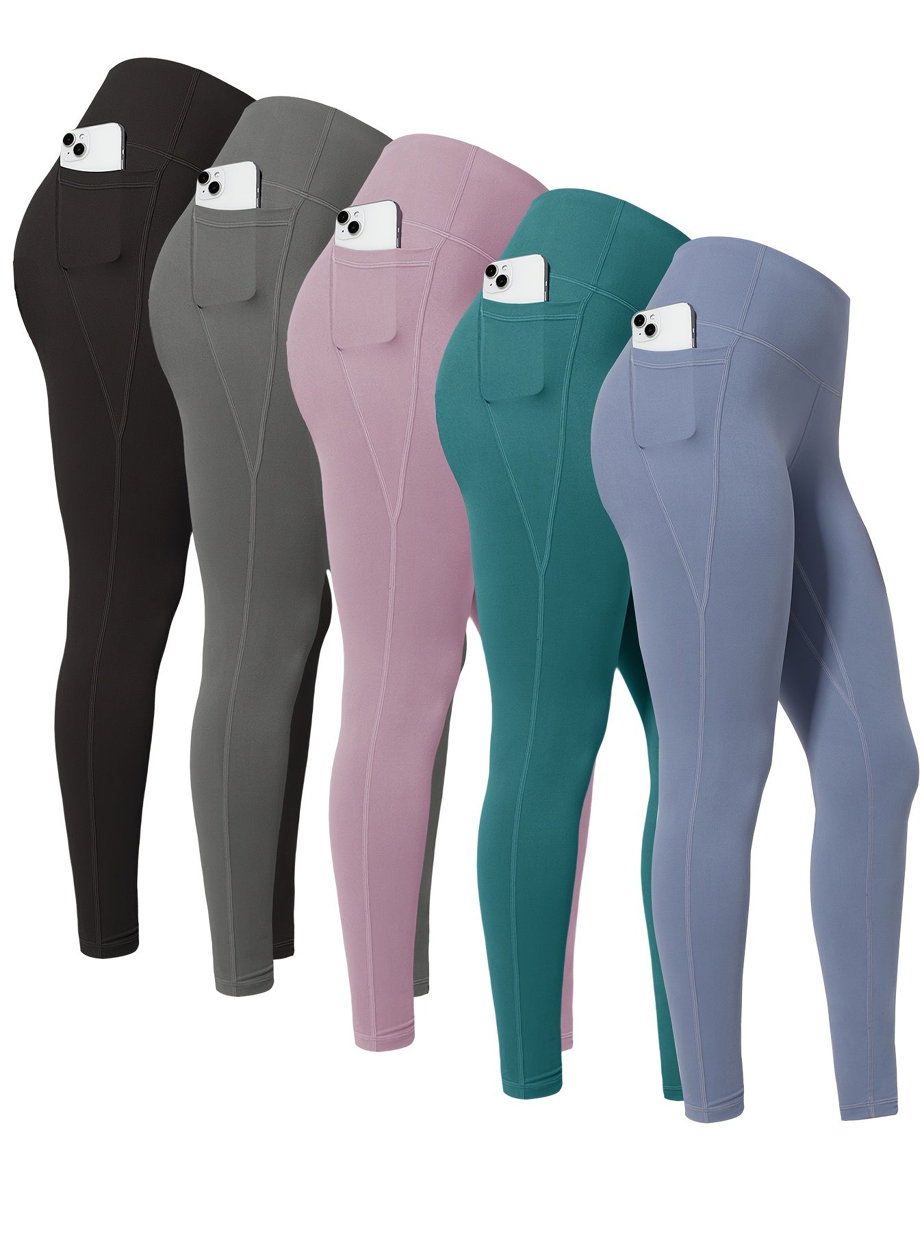 5pcs Multi-Color Pack (Maroon/Blue/Black/Olive) Women's High-Waisted Leggings with Side Pockets - Non-See-Through & Casual Pants, Stretchy Cropped Bottoms (Nine-Tenths Length), All-Season, Casual Attire, Leggings, Solid Color