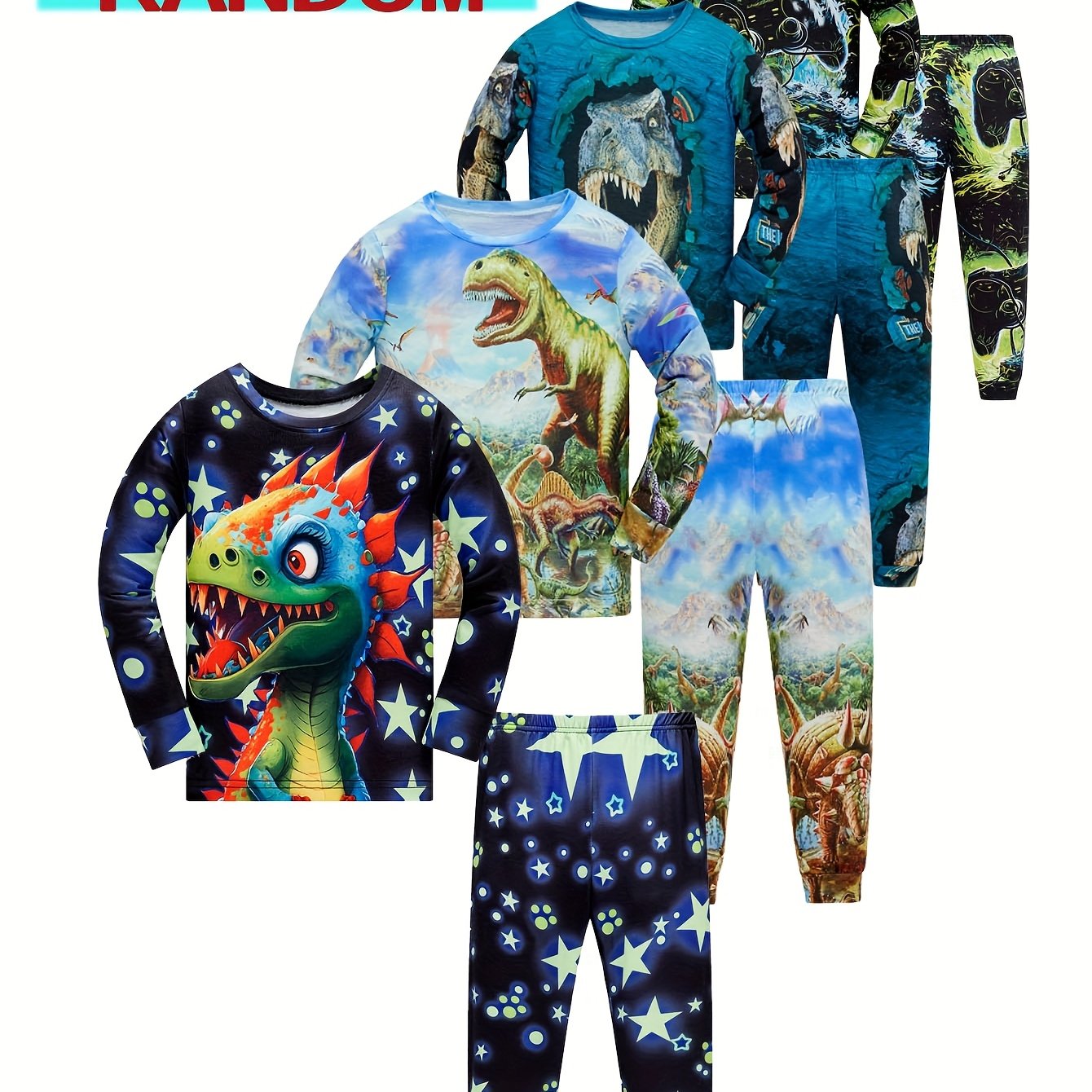 Random Hair 2 Sets Boys Dinosaur Pajama Set Digital Print 3D Gamepad Handle Set Pajamas 2pcs Set