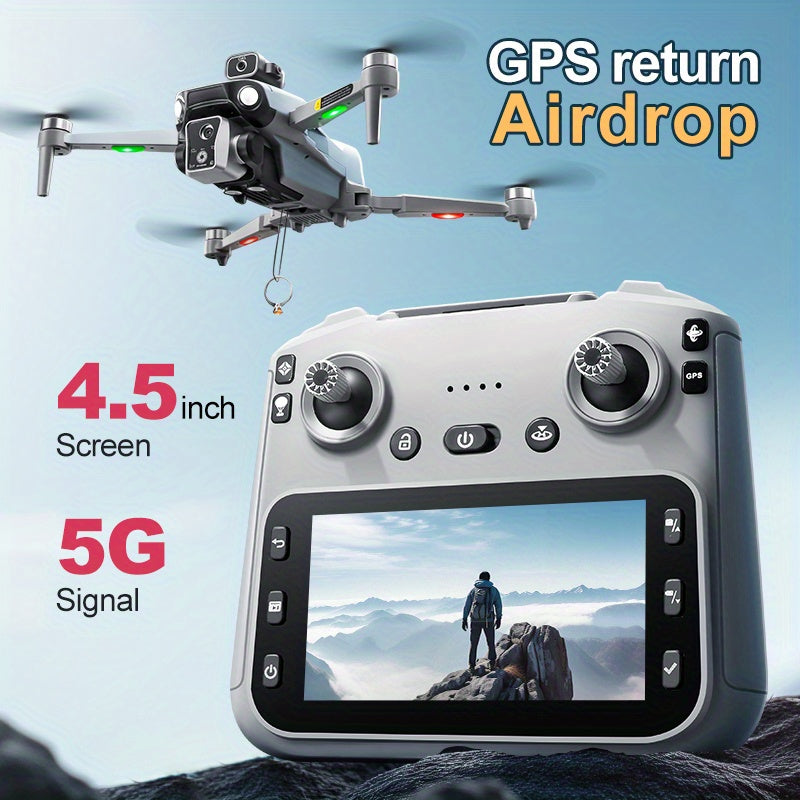 New K19 MAX GPS Folding Drone with Large 4.5-inch LCD Screen And Memory Card, Aerial Drop Function, 5G WiFi FPV First View, 360° Obstacle Avoidance, Brushless Motors, Optical Streaming Positioning, Includes Three Batteries A
