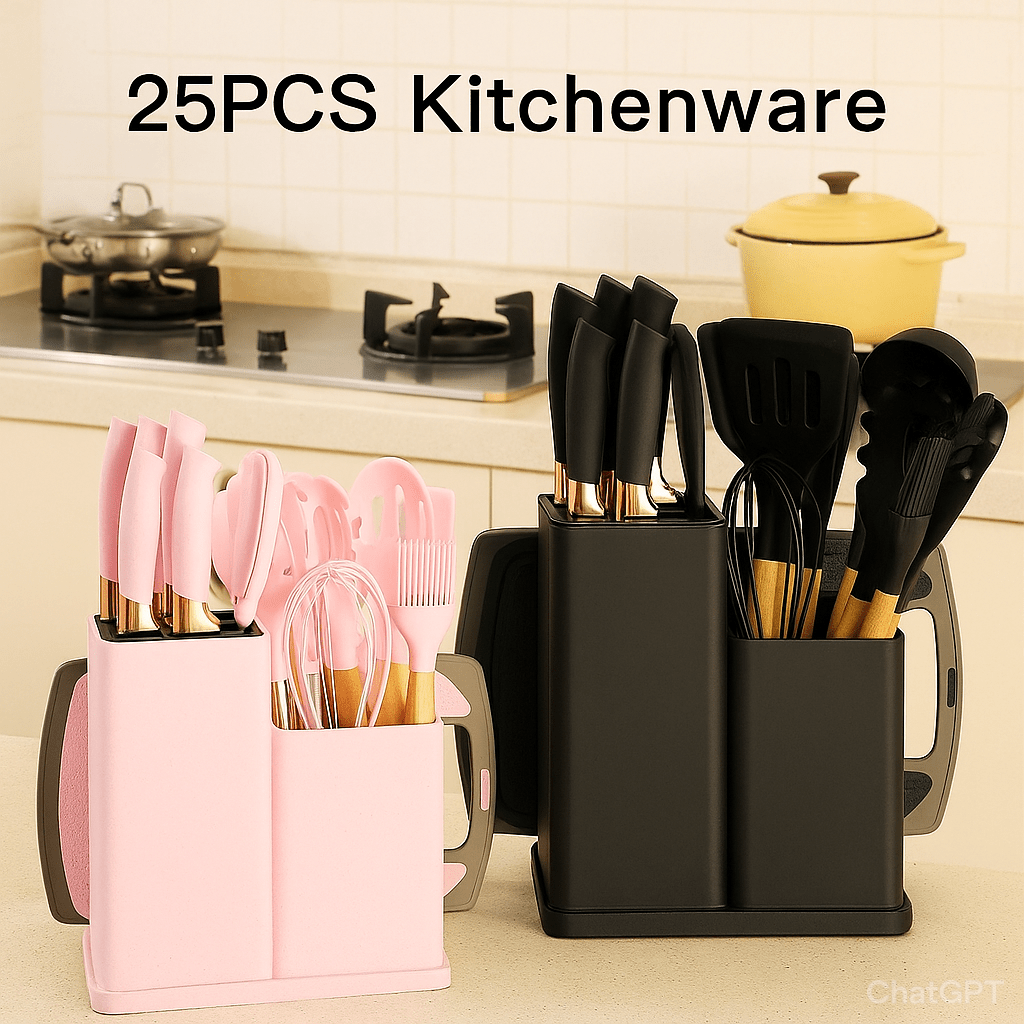 25pcs Kitchen Cooking Utensils And Knife Set with Block, Silicone Cooking Utensils Sharp Stainless Steel Chef Knives Scissors Whisk Tongs And Cutting Board, Kitchen Utensil for Kitchen, Cooking Tools, Home Cooking, Kitchen Ut