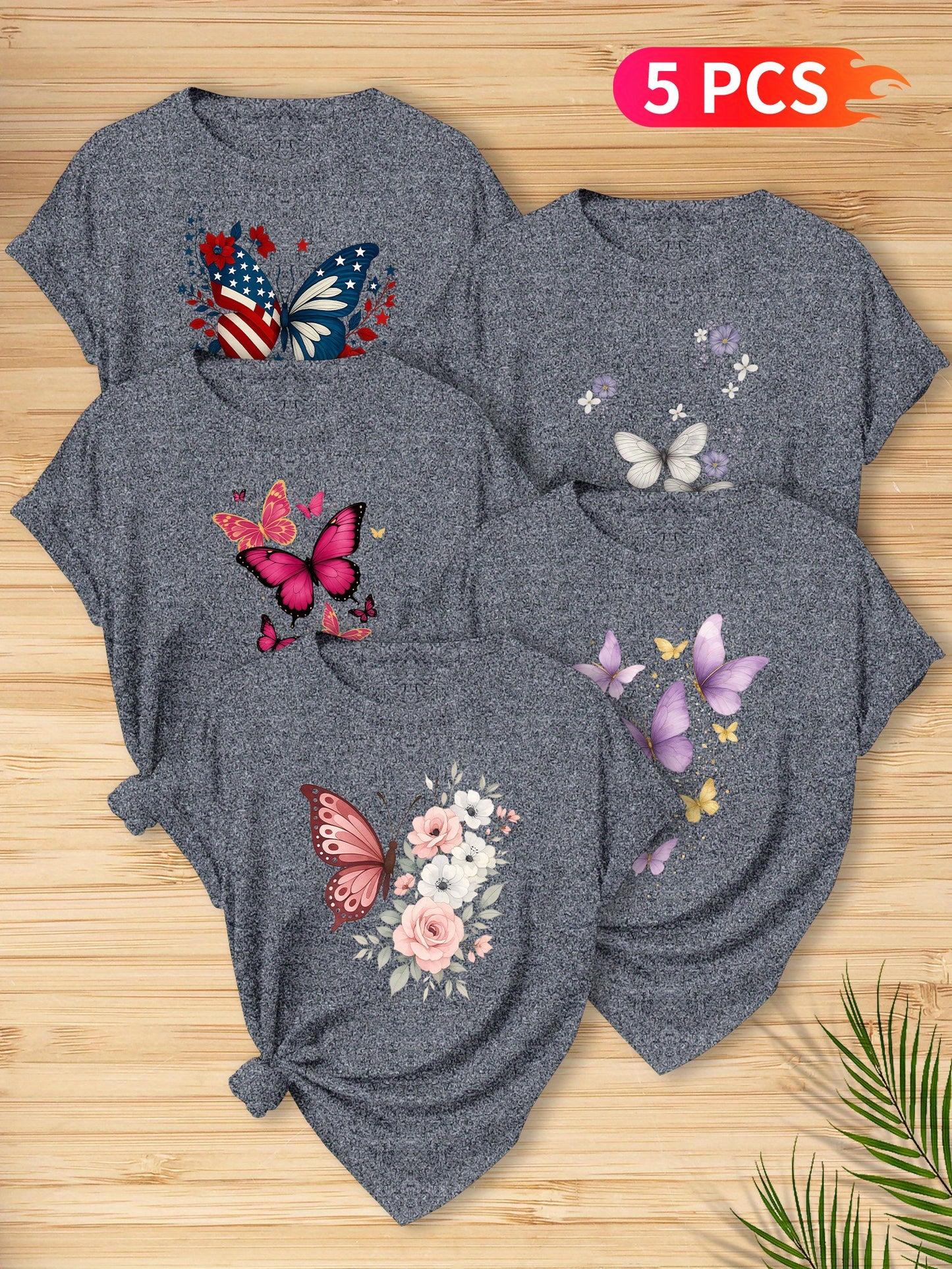 5pcs Women'S Butterfly Print T-Shirts - Vibrant Round Neck Short Sleeve Tops with Floral & Butterfly Designs, Stretchy Casual Summer Tees for Casual Attire, Ladies T Shirts