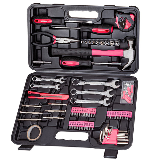 Cartman 148pcs -in- Tool Set with Plastic Toolbox - Heavy-Duty Hand Tool Kit Suitable for, DIY, Professional & Tool Collections - Comprehensive Repair Tool Kit with Storage Case (Pink)