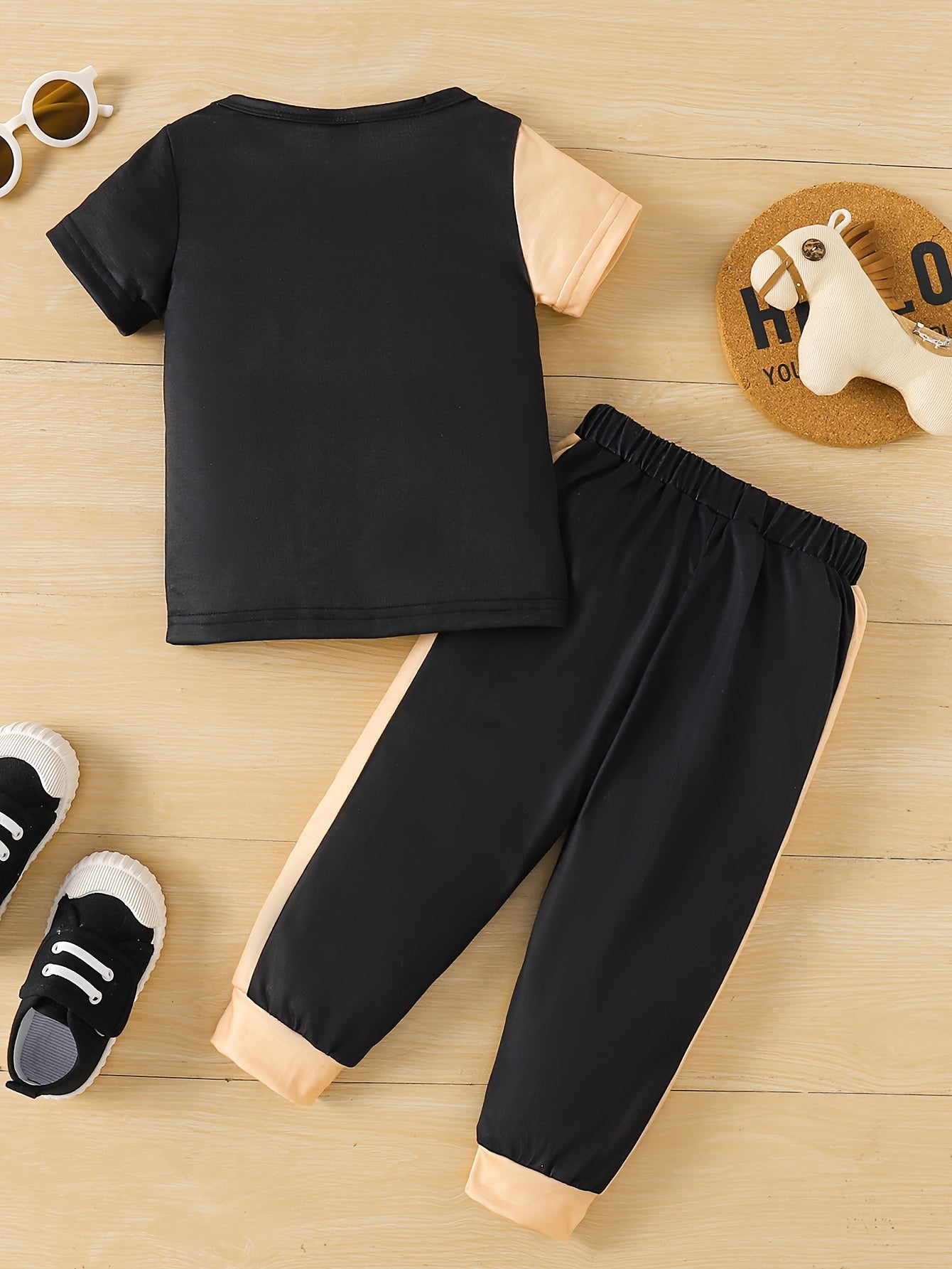 [Playful Kids Clothing] 2-Pack Boys' Cartoon Print Newborn Baby Sets - Playful Kids Clothing | "Dad + Me" & "I Love You" Hand-Drawn Graphics, Black & Orange Contrast, Short Sleeve T-Shirt & Pants, Machine Washable Spring Summ