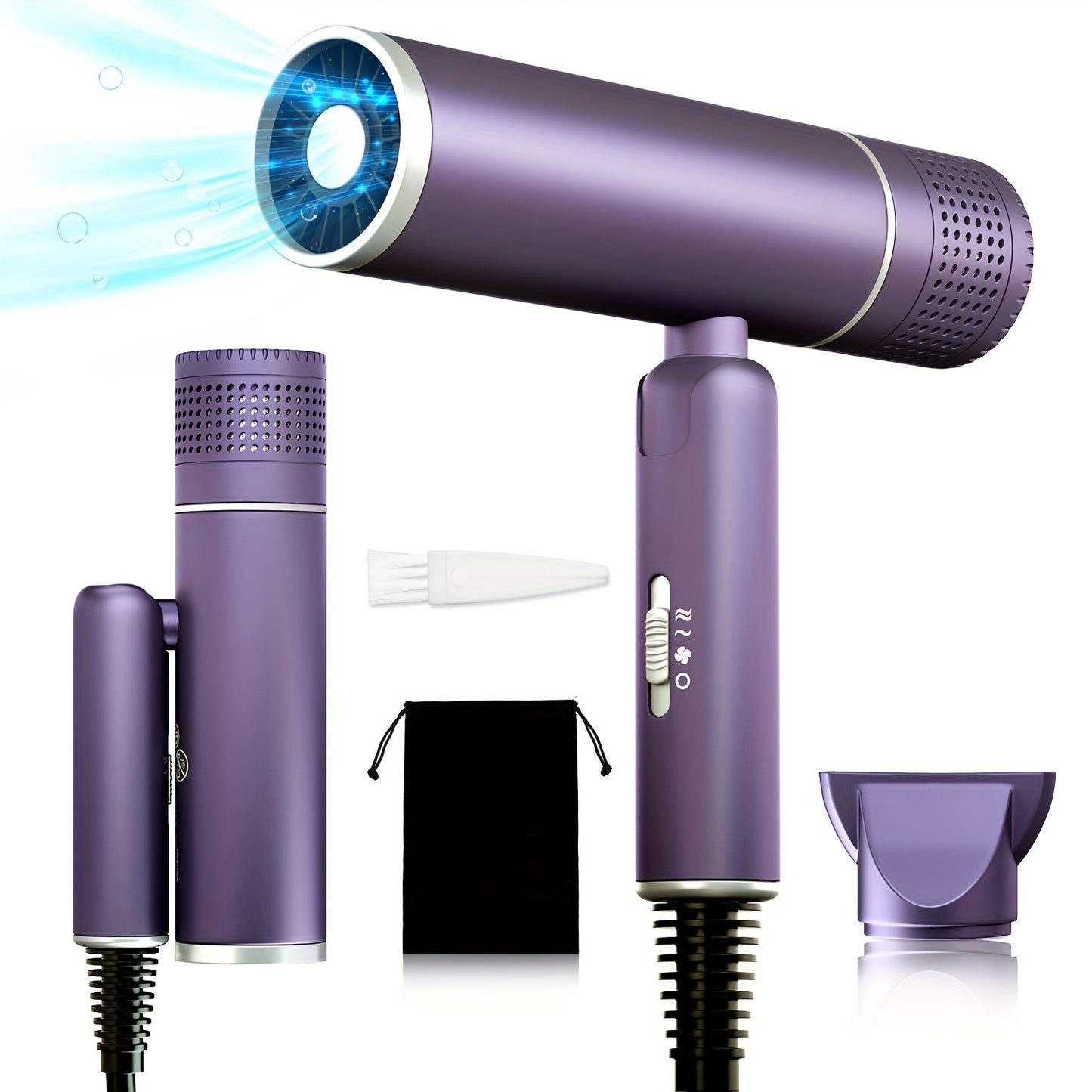 1600W Foldable Travel Hair Dryer with Hot/Warm/Cold Wind, 2-Speed Control, Professional Negative Ion Care, Nozzle & Ergonomic Handle - Lightweight Portable Design, Ideal Gift for Women, Hair Dryer for Curly Hair, Sleek Cylind