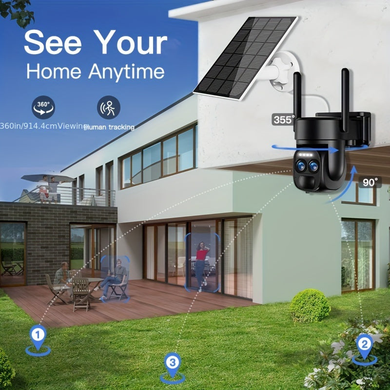 4PCS 2K High-definition Safety Camera With Solar Panel 6MP PTZ Monitoring System Dual Lens, 2.4G WiFi Sports Spotlight, Color Night Vision, Two-way Call, Ultra Wide Angle, PIR Motion Detection, Two-way Audio, Alarm - Ideal Ch