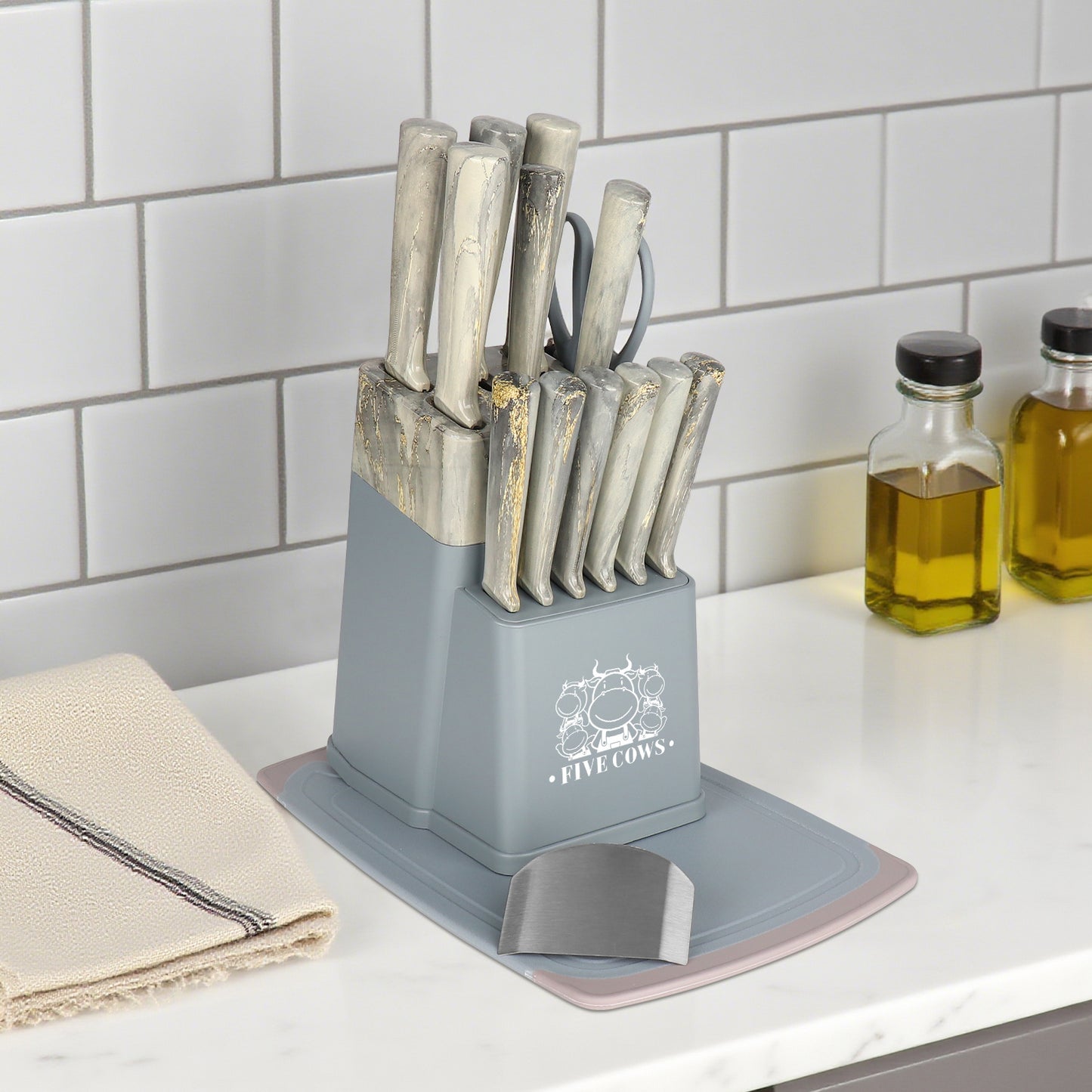 FIVE COWS 16pcs Kitchen knife set for chefs, kitchen knife, bone knife, fruit knife, multi-purpose scissors and fruit knife, with chopping board, anti-cutting device, healthy cooking kitchen knife set, Mom gift first choice