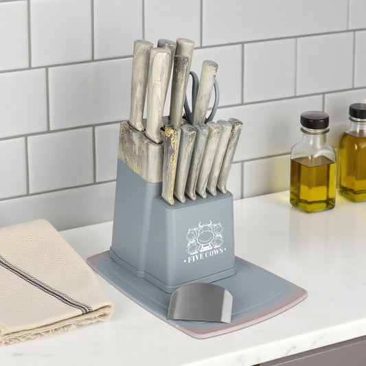 FIVE COWS 16pcs Kitchen knife set for chefs, kitchen knife, bone knife, fruit knife, multi-purpose scissors and fruit knife, with chopping board, anti-cutting device, healthy cooking kitchen knife set, Mom gift first choice