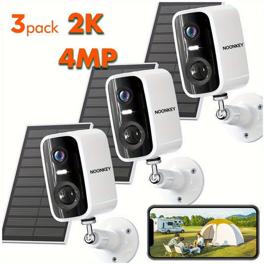 Noonkey 2K Solar Rechargeable Wireless Security Camera Outdoor, Battery Powered Wifi Security Camera with Spotlight & Siren Alarm, AI Detection for Home Security, Color Night Vision, 2-Way Speaker, Cloud/Sd Card Storage, Work