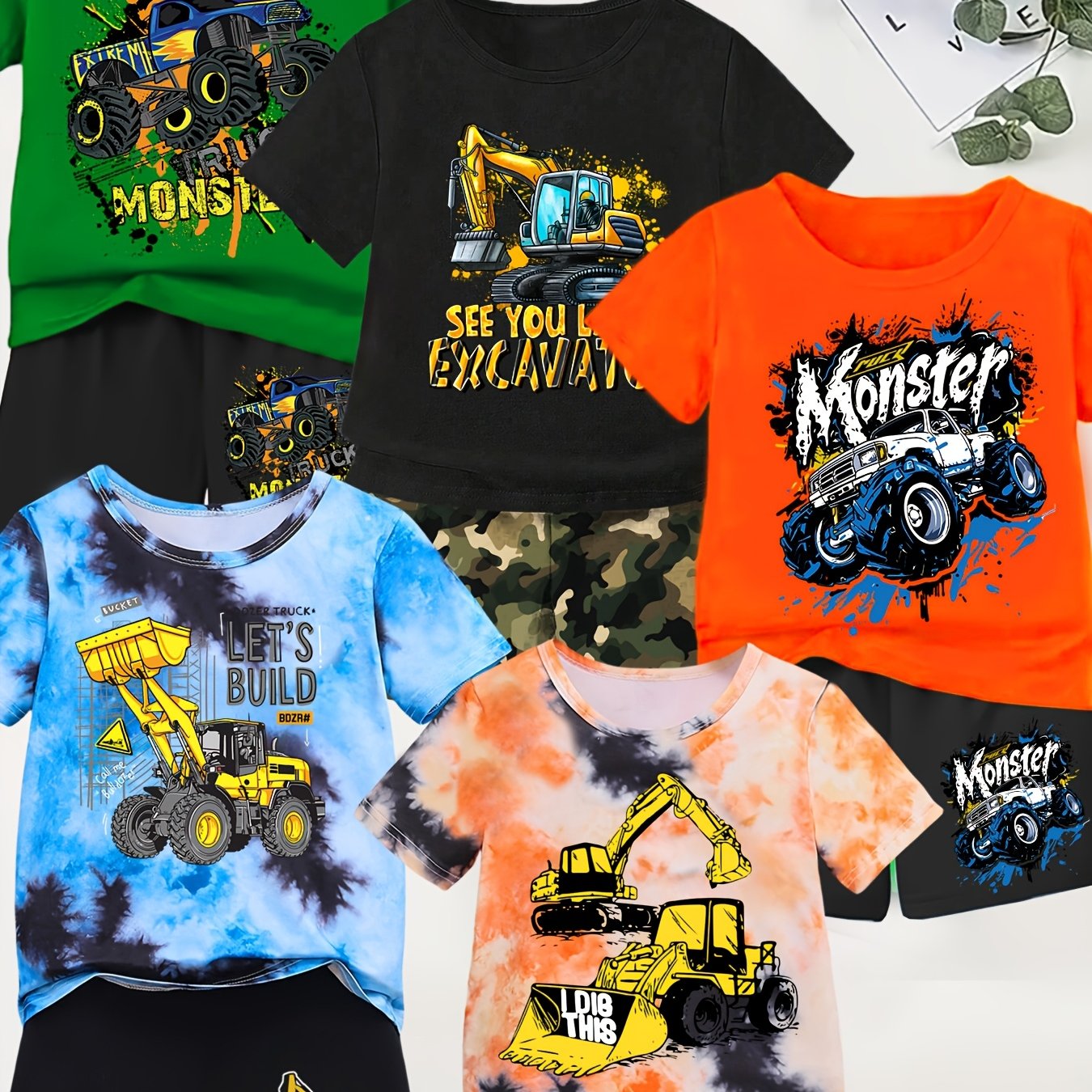 5 Sets Of Boys' T-Shirts And Shorts, Summer Boys' Fashionable Excavator Series Printed Youngsters's Cute Casual Set, Perfect for Outdoor