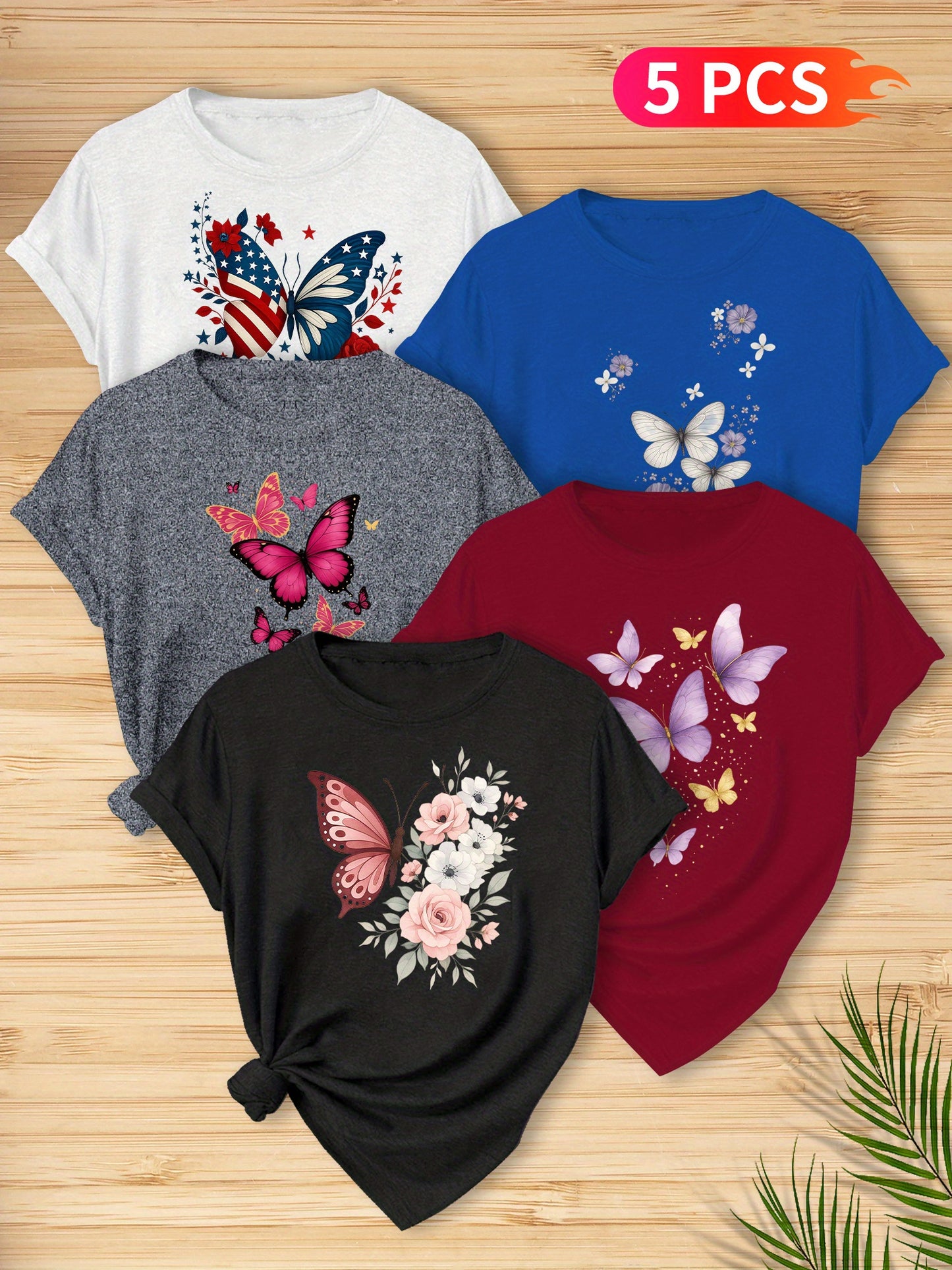 5pcs Women'S Butterfly Print T-Shirts - Vibrant Round Neck Short Sleeve Tops with Floral & Butterfly Designs, Stretchy Casual Summer Tees for Casual Attire, Ladies T Shirts