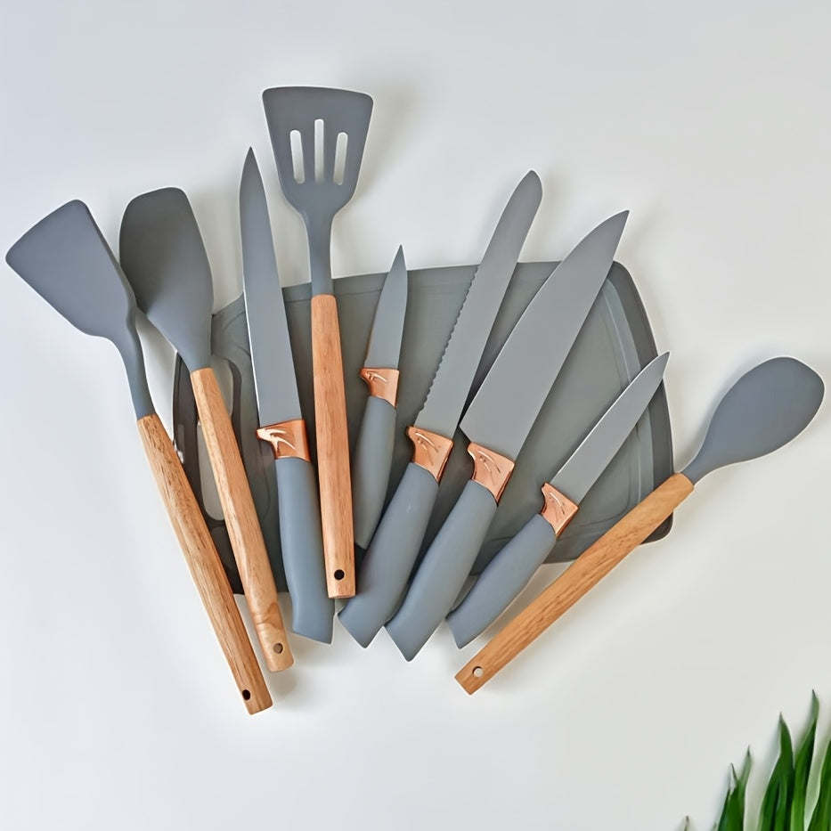 19pcs Non-Toxic Silicone Kitchen & Cutlery Set with Cutting Board, Storage Bucket & Wooden-Handle Utensils - Knives Suitable for Christmas Gifts, Daily & Meat/ Vegetable Chopping