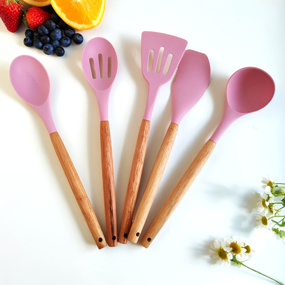 19pcs Non-Toxic Silicone Kitchen & Cutlery Set with Cutting Board, Storage Bucket & Wooden-Handle Utensils - Knives Suitable for Christmas Gifts, Daily & Meat/ Vegetable Chopping