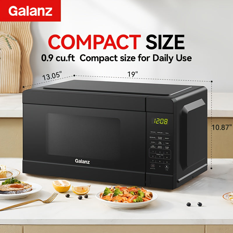 Galanz Sleek Compact Microwave | Black Stainless Steel Finish, 0.9 Cu Ft Small Footprint, 6 Auto Preset Menus & 30s Instant Cook, LED Touch Screen & Efficient Defrost, Stylish Addition to Tiny Kitchens with Big Performance