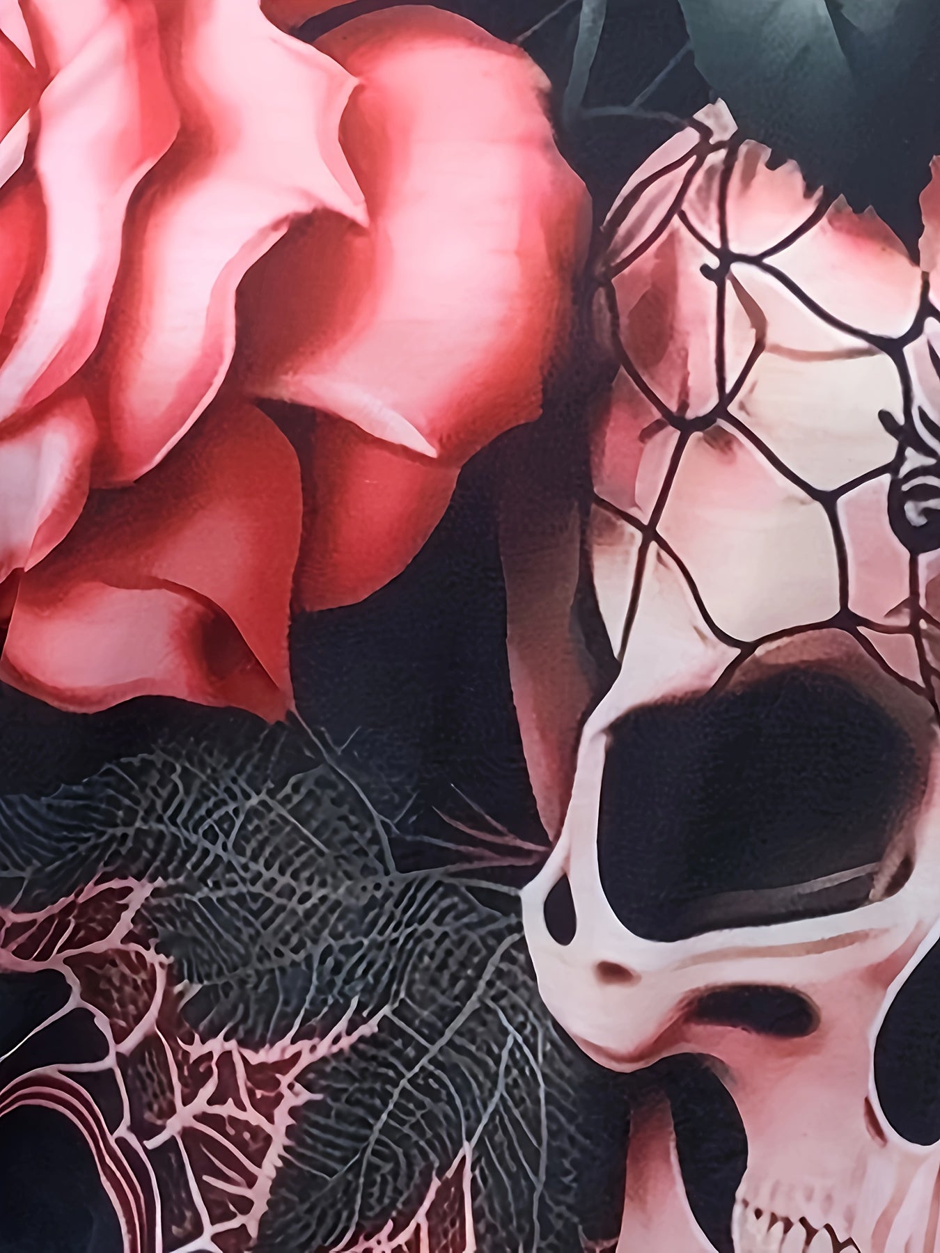Plus Size - Women'S Gothic Skull & Rose Print T-Shirt - Off-Shoulder, Loose Fit, Short Sleeve, Dark Pink With Black Spider Web & Lace Detailing, Casual Summer Top, Relaxed Fit Tee | Unique Print Top | Digital Print Fabric