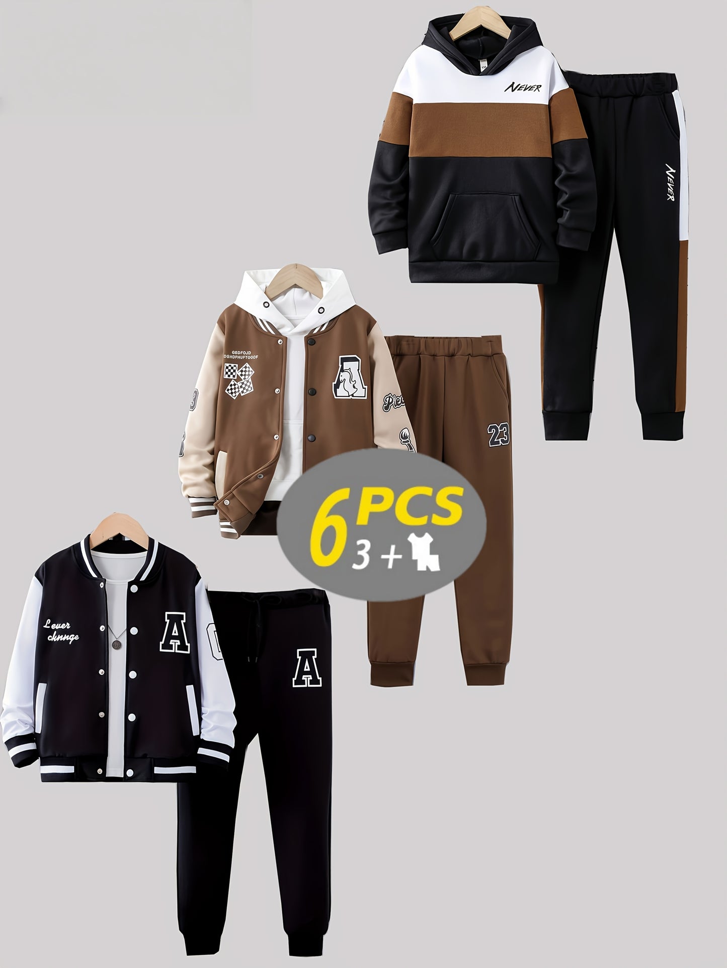 6pcs - Autumn and Winter New Boys' Fashion Long Pants Set with Printed Sports Casual Outdoor Outfit 3pcs of Tops and 3pcs of Pants, Perfect for Outdoor