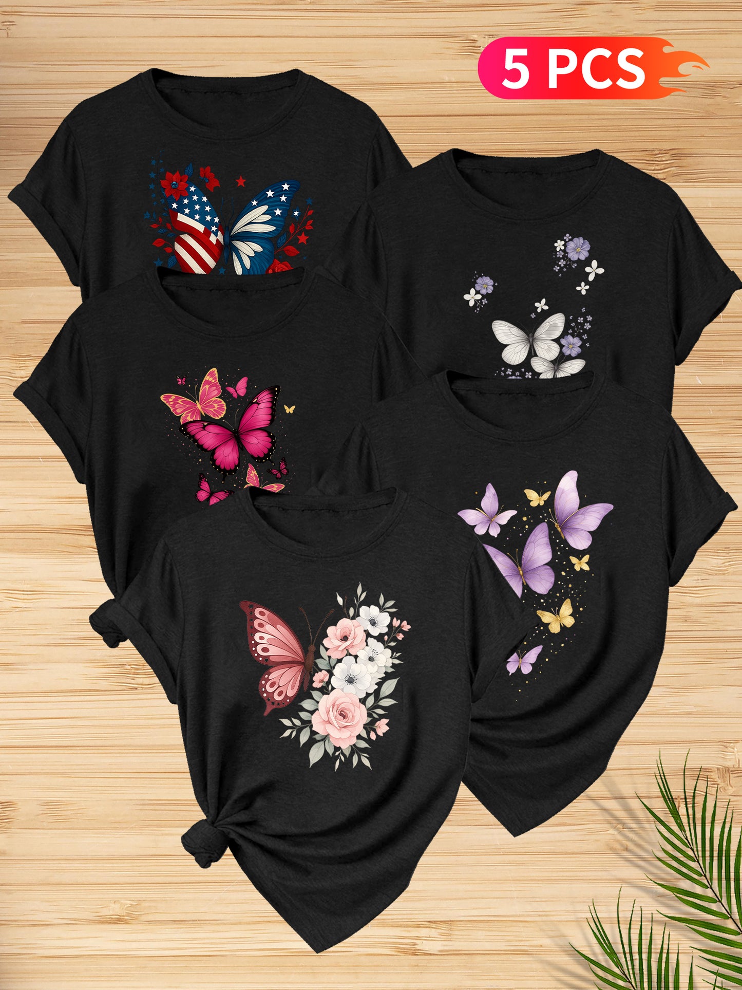 5pcs Women'S Butterfly Print T-Shirts - Vibrant Round Neck Short Sleeve Tops with Floral & Butterfly Designs, Stretchy Casual Summer Tees for Casual Attire, Ladies T Shirts