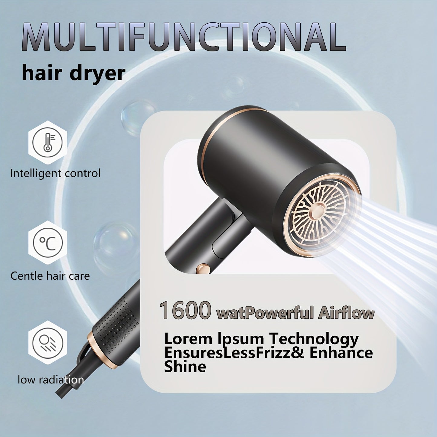 Professional Ionic Hair Dryer with Diffuser & Concentrator Lightweight, Fast Drying for Curly Hair, Ceramic Technology, Foldable & Quiet Salon-Quality Travel Blow Dryer