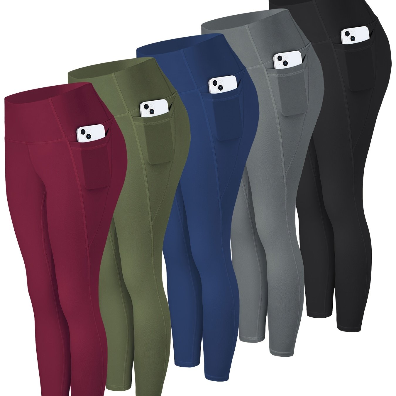 5pcs Multi-Color Pack (Maroon/Blue/Black/Olive) Women's High-Waisted Leggings with Side Pockets - Non-See-Through & Casual Pants, Stretchy Cropped Bottoms (Nine-Tenths Length), All-Season, Casual Attire, Leggings, Solid Color