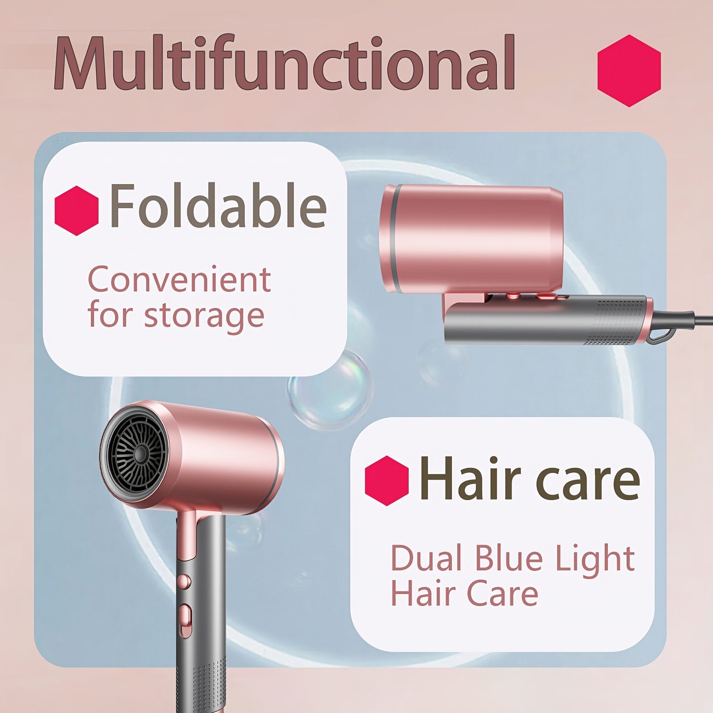 Professional Ionic Hair Dryer with Diffuser & Concentrator Lightweight, Fast Drying for Curly Hair, Ceramic Technology, Foldable & Quiet Salon-Quality Travel Blow Dryer