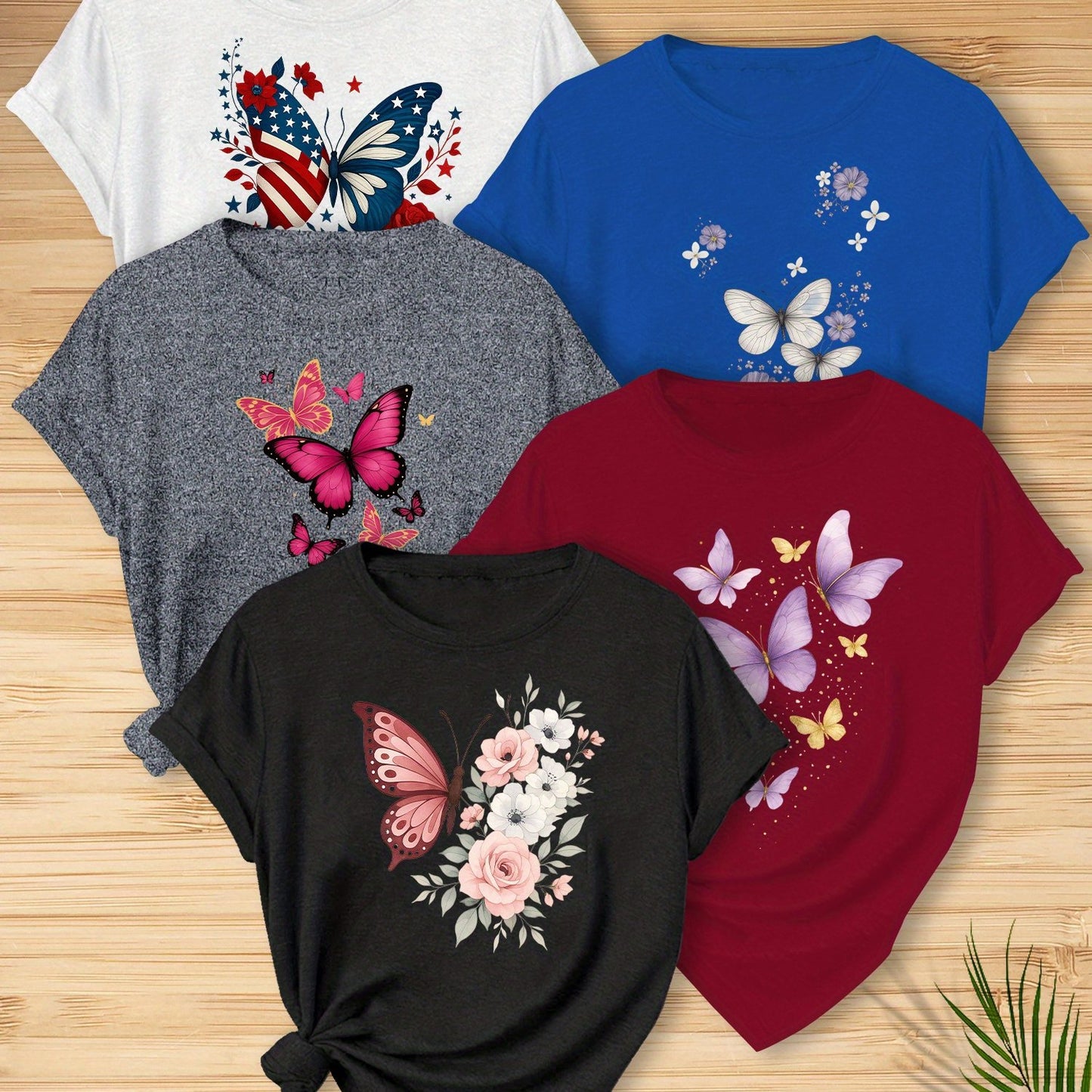 5pcs Women'S Butterfly Print T-Shirts - Vibrant Round Neck Short Sleeve Tops with Floral & Butterfly Designs, Stretchy Casual Summer Tees for Casual Attire, Ladies T Shirts