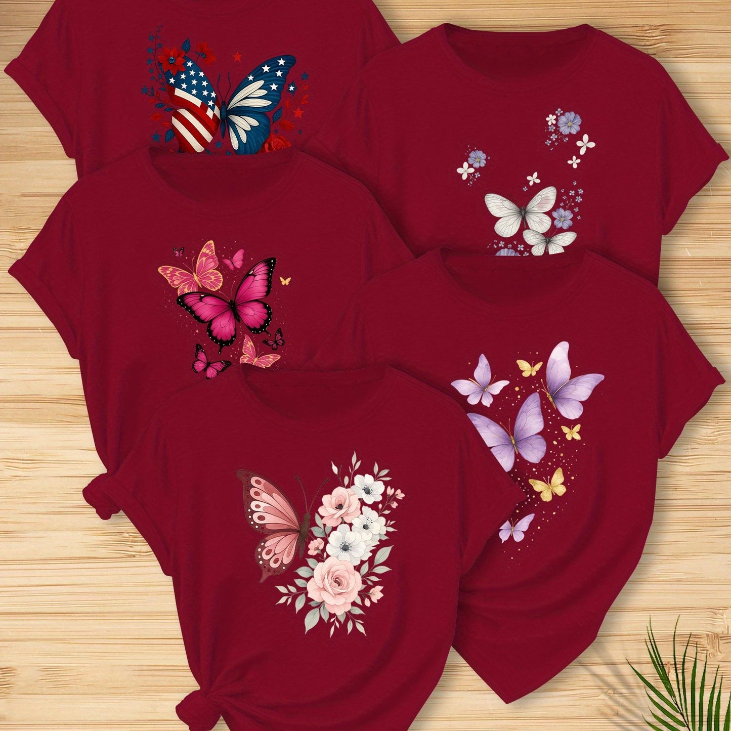 5pcs Women'S Butterfly Print T-Shirts - Vibrant Round Neck Short Sleeve Tops with Floral & Butterfly Designs, Stretchy Casual Summer Tees for Casual Attire, Ladies T Shirts