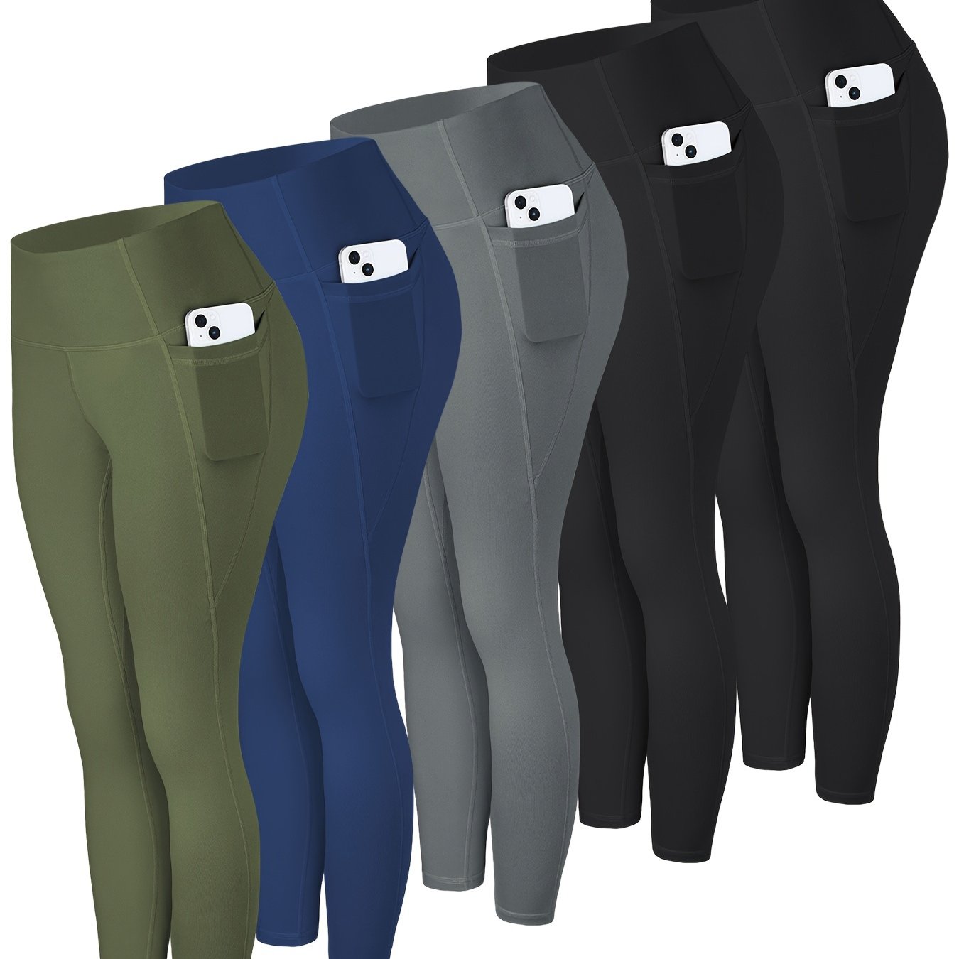 5pcs Multi-Color Pack (Maroon/Blue/Black/Olive) Women's High-Waisted Leggings with Side Pockets - Non-See-Through & Casual Pants, Stretchy Cropped Bottoms (Nine-Tenths Length), All-Season, Casual Attire, Leggings, Solid Color