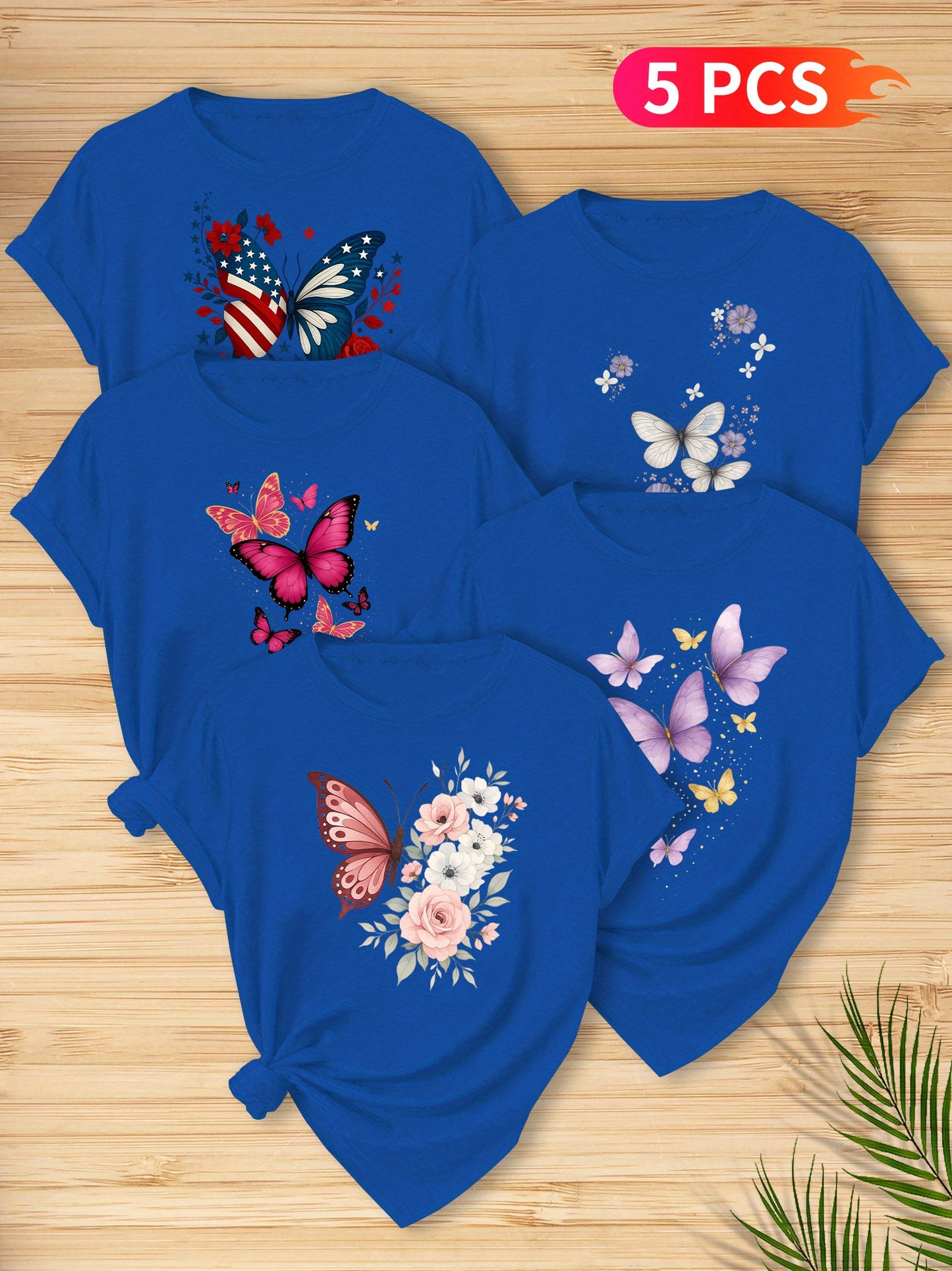 5pcs Women'S Butterfly Print T-Shirts - Vibrant Round Neck Short Sleeve Tops with Floral & Butterfly Designs, Stretchy Casual Summer Tees for Casual Attire, Ladies T Shirts