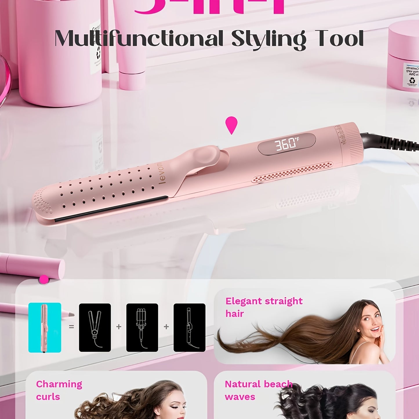 Cool Airflow Styler, 2-In-1 Hair Straightener & Curling Iron with LCD Display