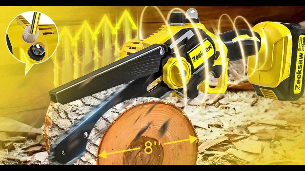 Mini Chainsaw Cordless, 8 Inch Handheld Electric Chain Saw with 2pcs 2.0Ah Battery And Charger, 26ft/S Speed - Automatic Chain Tensioning & Auto Oiler for Tree Branches, Courtyard, Household, And Garden, ZEEKSAW