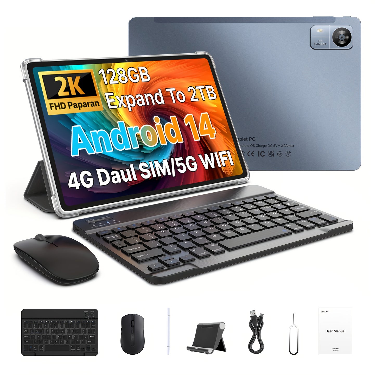 [Free Keyboard And Mouse]SUXI 2025 New 4G LTE Android 14 Tablet with Calling, 10.1-inch FHD Incell Screen, Octa-core Chip, 12GB RAM + 128GB Storage, Expandable Up to 2TB, 5G Wi-Fi, Dual Cameras, Perfect for Gaming, Office, St