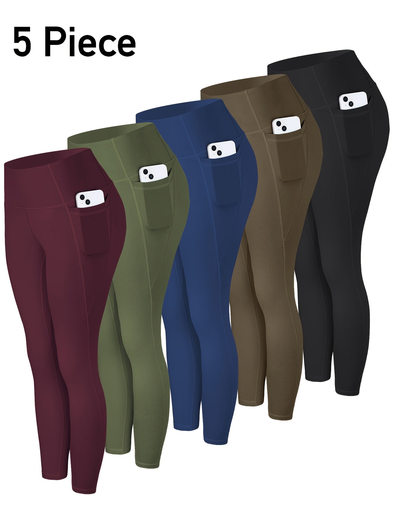 5pcs Multi-Color Pack (Maroon/Blue/Black/Olive) Women's High-Waisted Leggings with Side Pockets - Non-See-Through & Casual Pants, Stretchy Cropped Bottoms (Nine-Tenths Length), All-Season, Casual Attire, Leggings, Solid Color