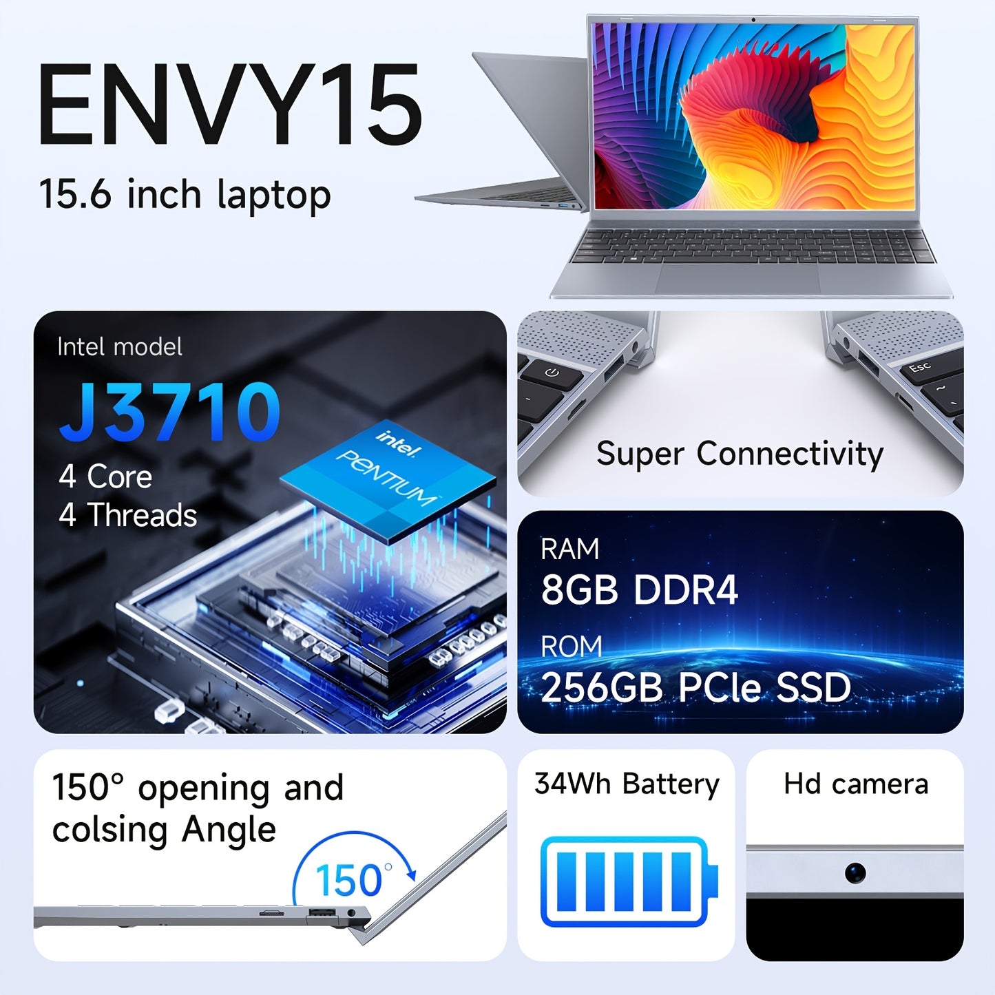 15.6inch Laptop 2024, Business Office Computer, Pentium J3710 Processor, 4-core 4-thread, 8GB RAM, 256GB ROM, Cheap Laptop PC Suitable For Students And Office, Lightweight And Convenient Christmas Gift For Family And Friends