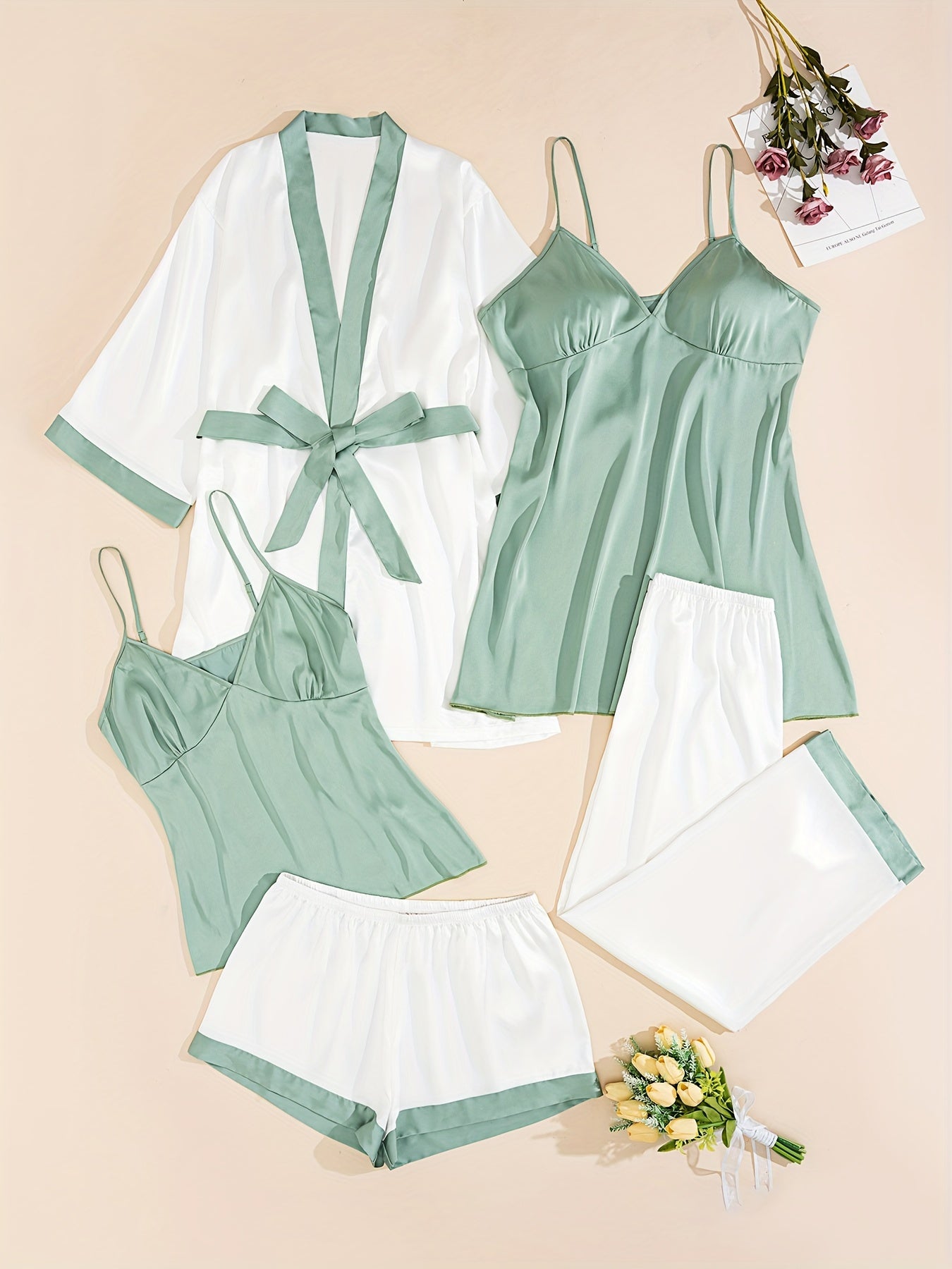 [Soft Polyester Loungewear Set] Soft Polyester Women's Loungewear Set - Solid Color with Belt Detail, Includes Robe & Cami Top - Perfect for All Seasons
