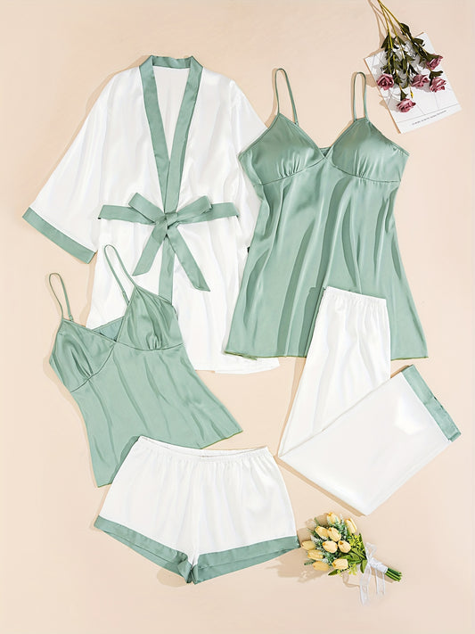 [Soft Polyester Loungewear Set] Soft Polyester Women's Loungewear Set - Solid Color with Belt Detail, Includes Robe & Cami Top - Perfect for All Seasons