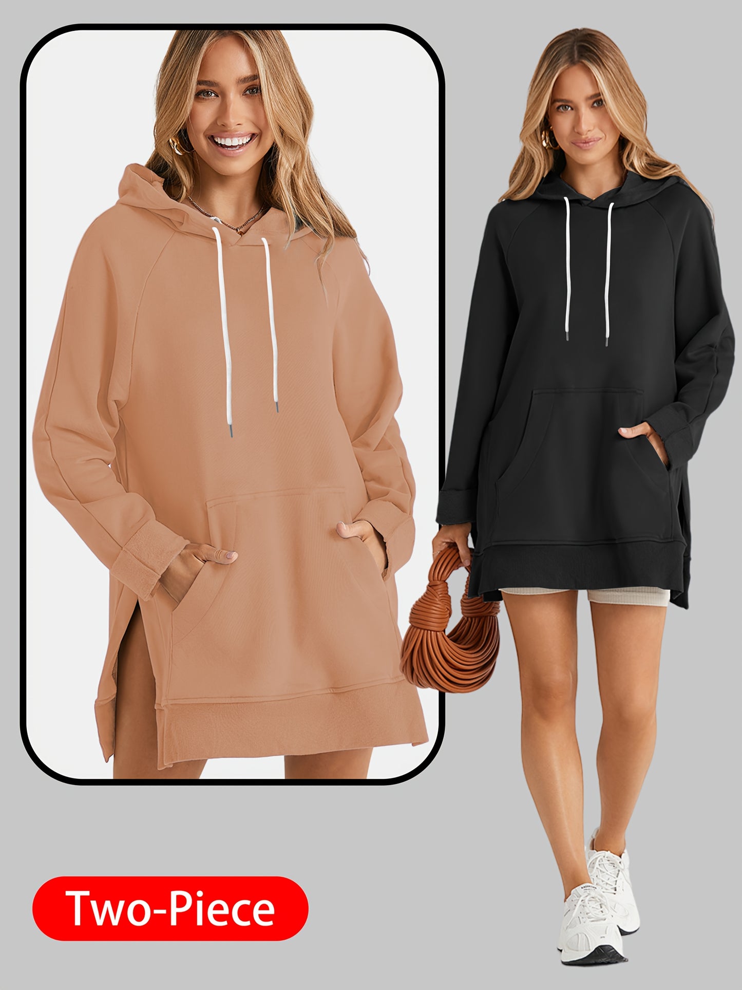2pcs Large Size Women's Sports Sweatshirt, Hoodie, Drawstring, Wombat Pocket, Split Hem, Pure Material, Suitable for Daily Wear, Shopping And Leisure