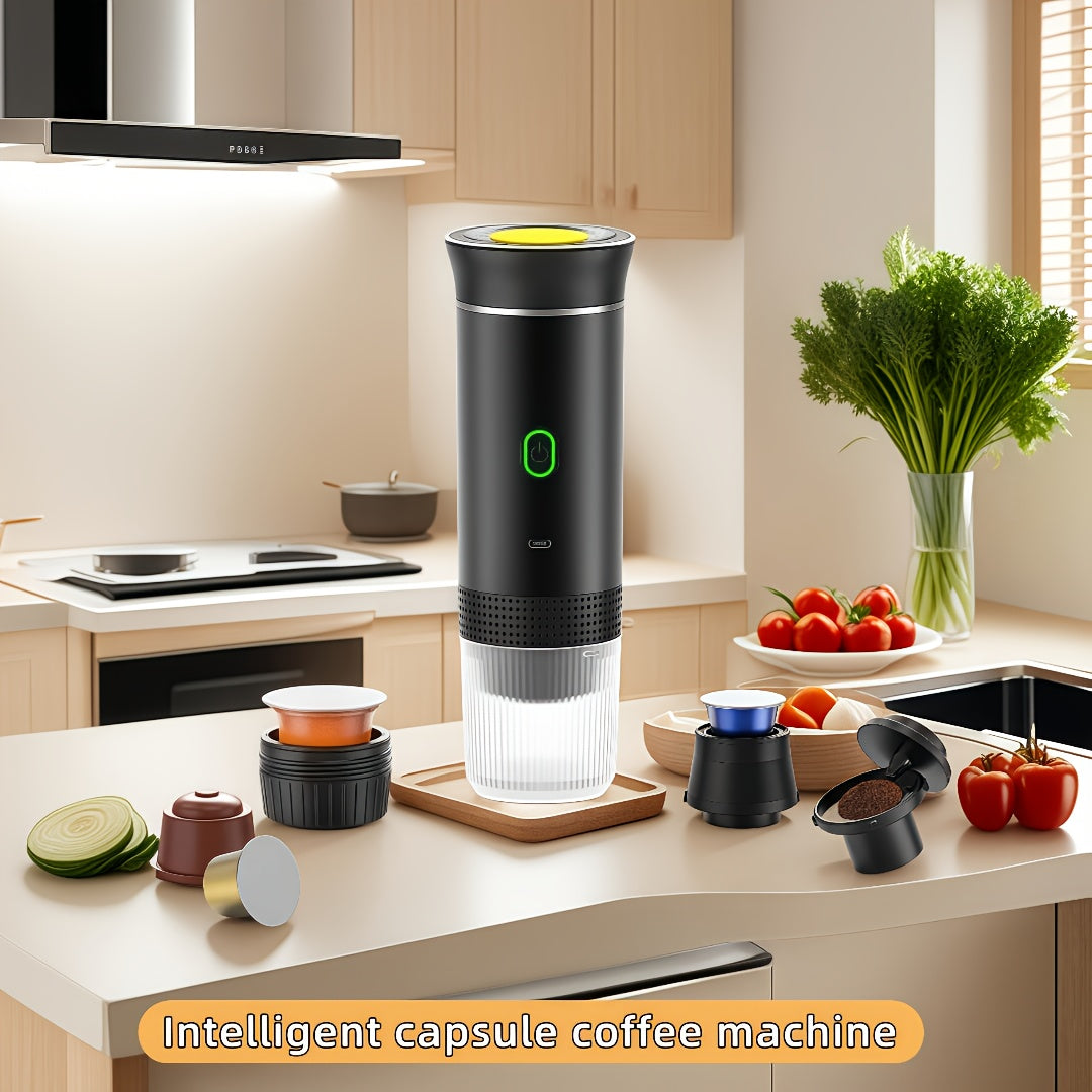 Compact Automatic Capsule Coffee Maker, One-Touch Brewing, USB Rechargeable, Sleek Black Transparent Aesthetic - Perfect for Travel, Student Housing, And Workspaces | Handy Kitchen Gadget, Great for Coffee Enthusiasts, Dorm C