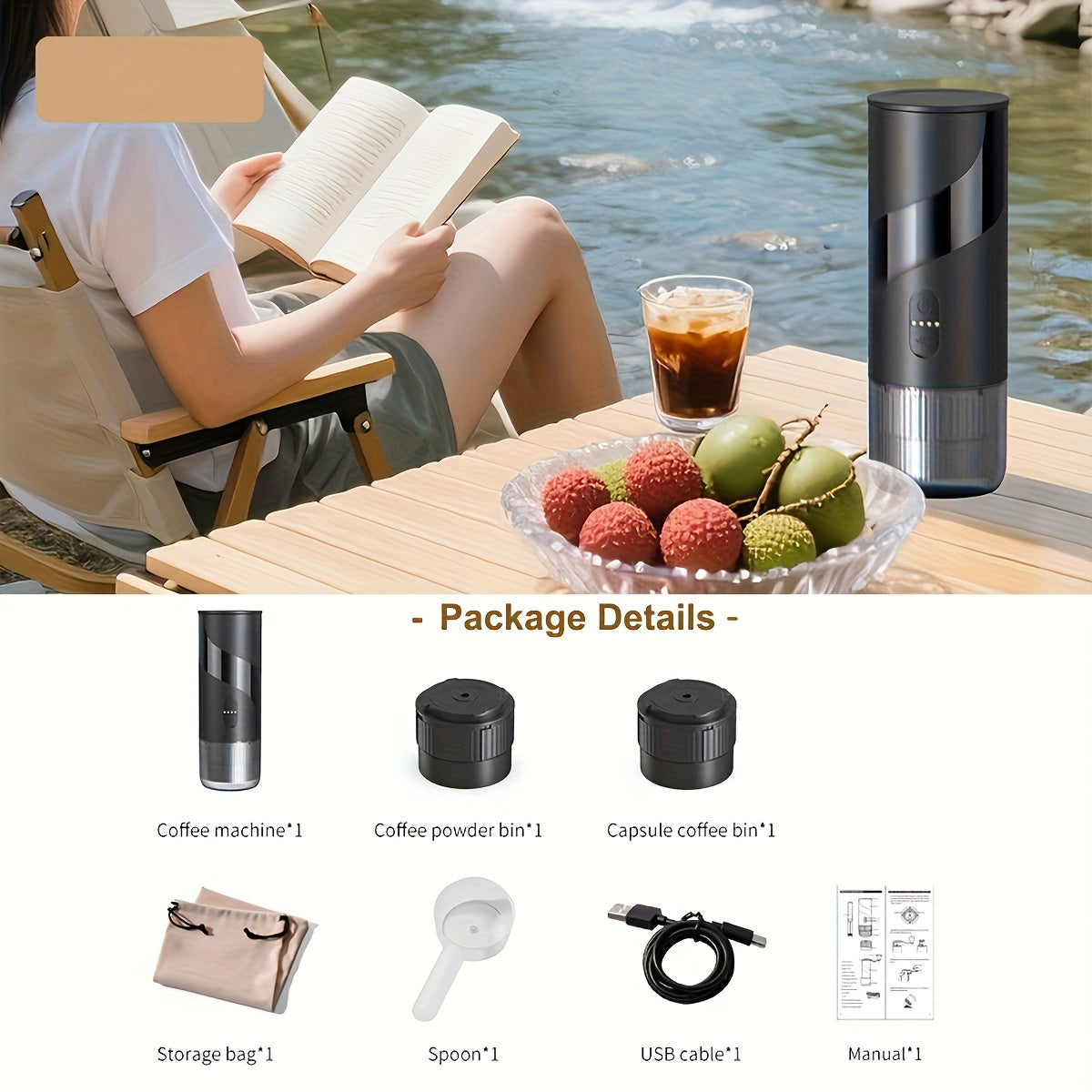 Portable Coffee Machine, Portable Espresso Coffee Machine, Stainless Steel Water Tank, Compatible With Grounds & Capsules, Suitable For Travel, Camping, Office, Kitchen And Christmas Gift (without Heating Function)