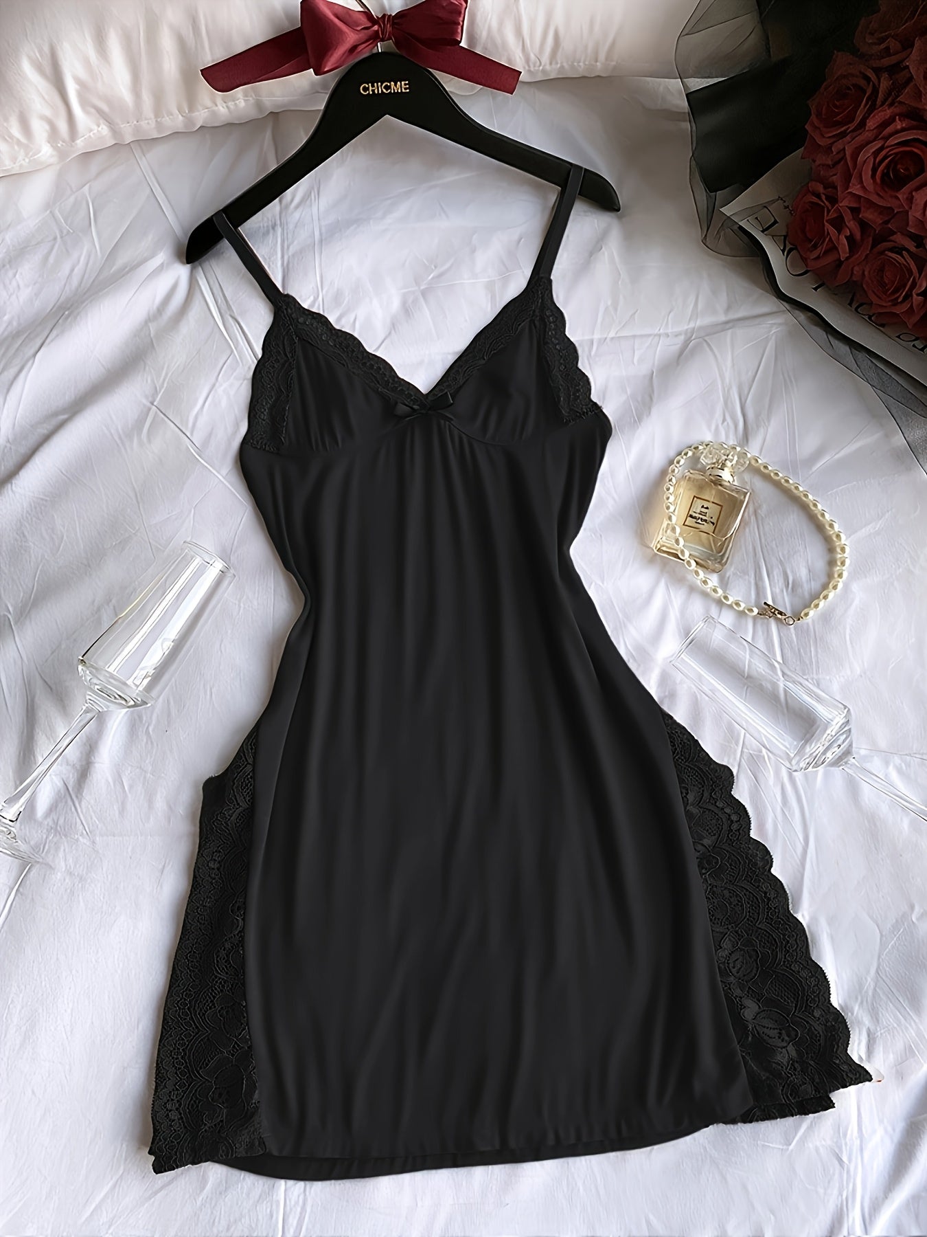 Lace-panelled V-neck Side-opening Nightdresses Set Of Three