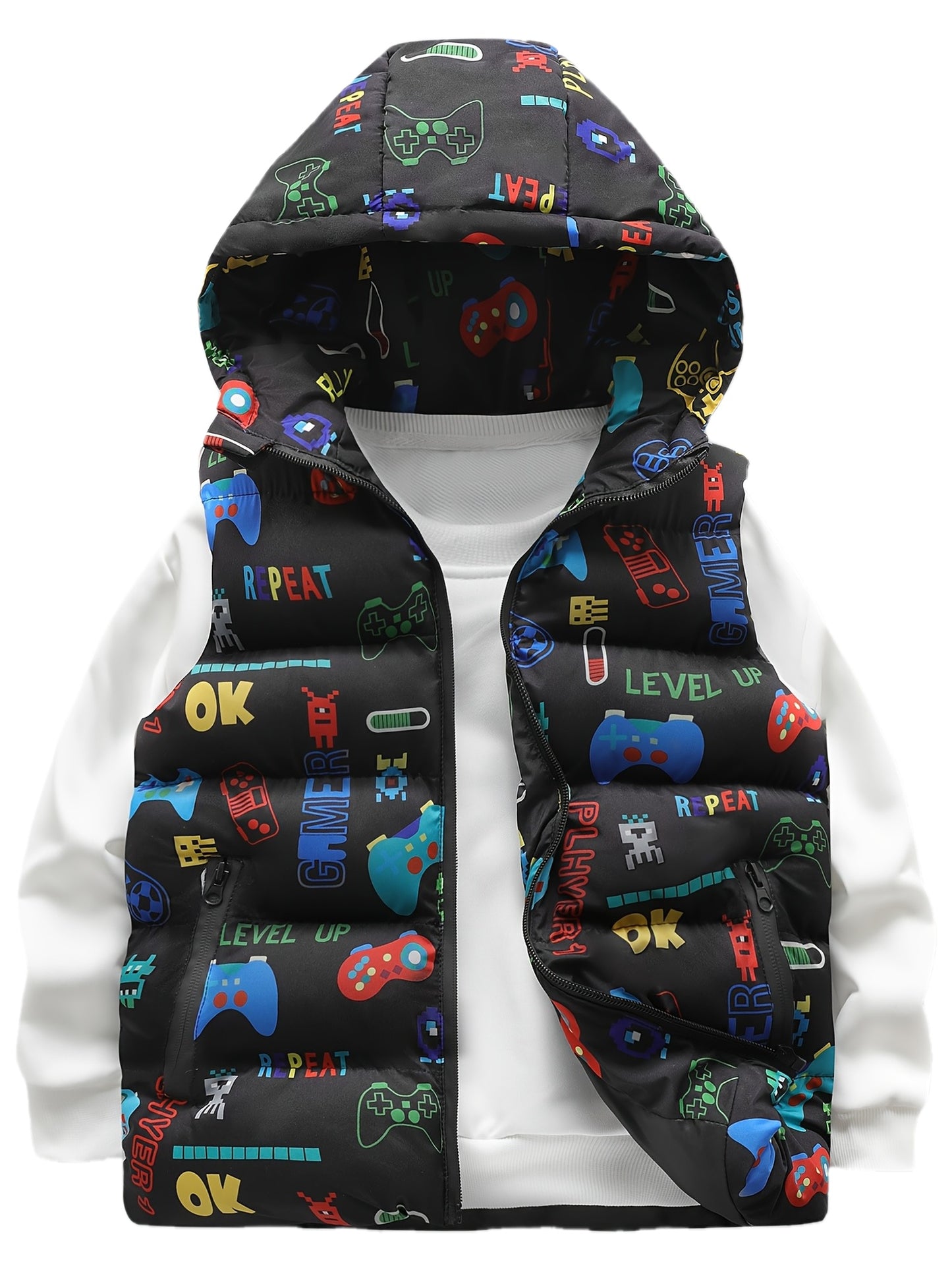 Colorful Alphabet Pattern Boys' Casual Leisure Cartoon Game Machine Zipper Hooded Jacket Vest Coat, for Teenager