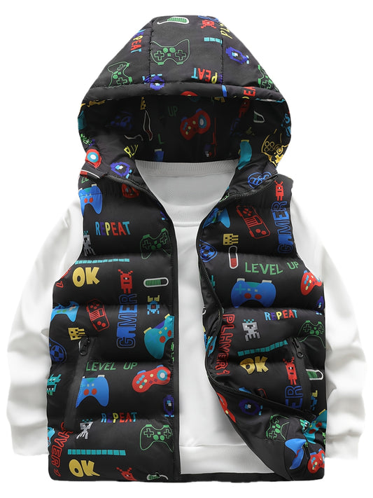 Colorful Alphabet Pattern Boys' Casual Leisure Cartoon Game Machine Zipper Hooded Jacket Vest Coat, for Teenager