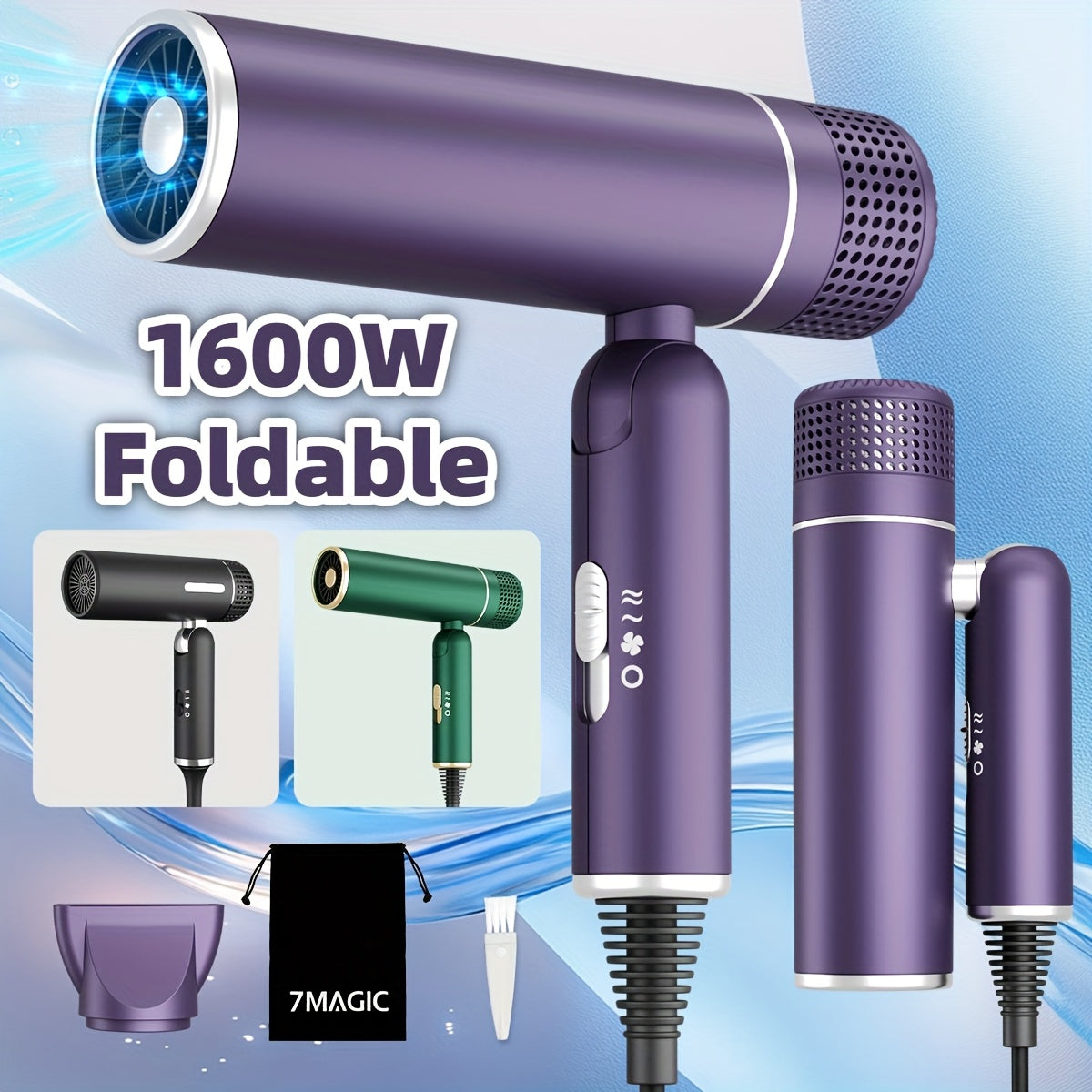 1600W Foldable Travel Hair Dryer with Hot/Warm/Cold Wind, 2-Speed Control, Professional Negative Ion Care, Nozzle & Ergonomic Handle - Lightweight Portable Design, Ideal Gift for Women, Hair Dryer for Curly Hair, Sleek Cylind